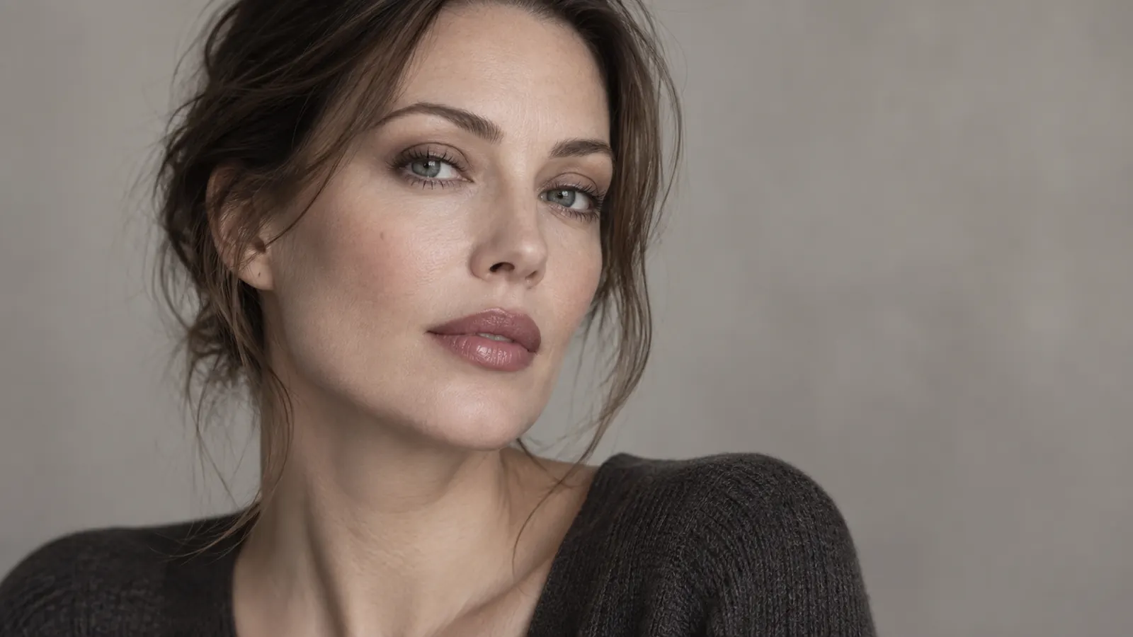 Woman wearing softly blurred taupe lip liner with a muted rosy nude center