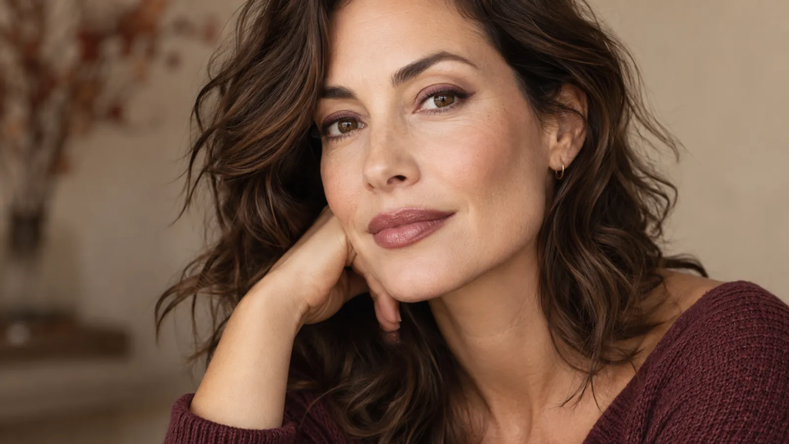 Woman wearing subtle plum eyeliner and natural berry lips