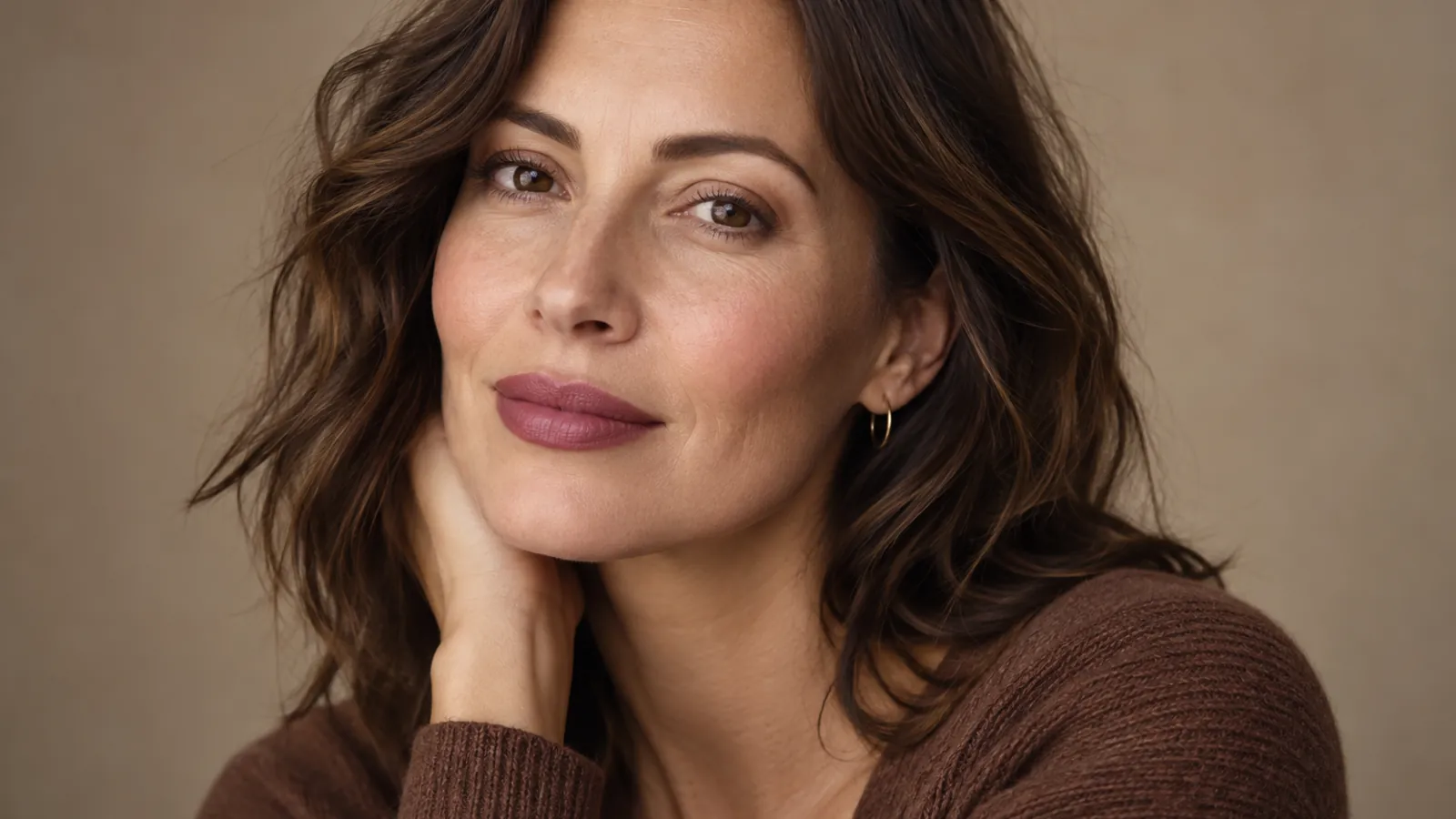 Woman with minimal makeup and wearable rosewood lipstick