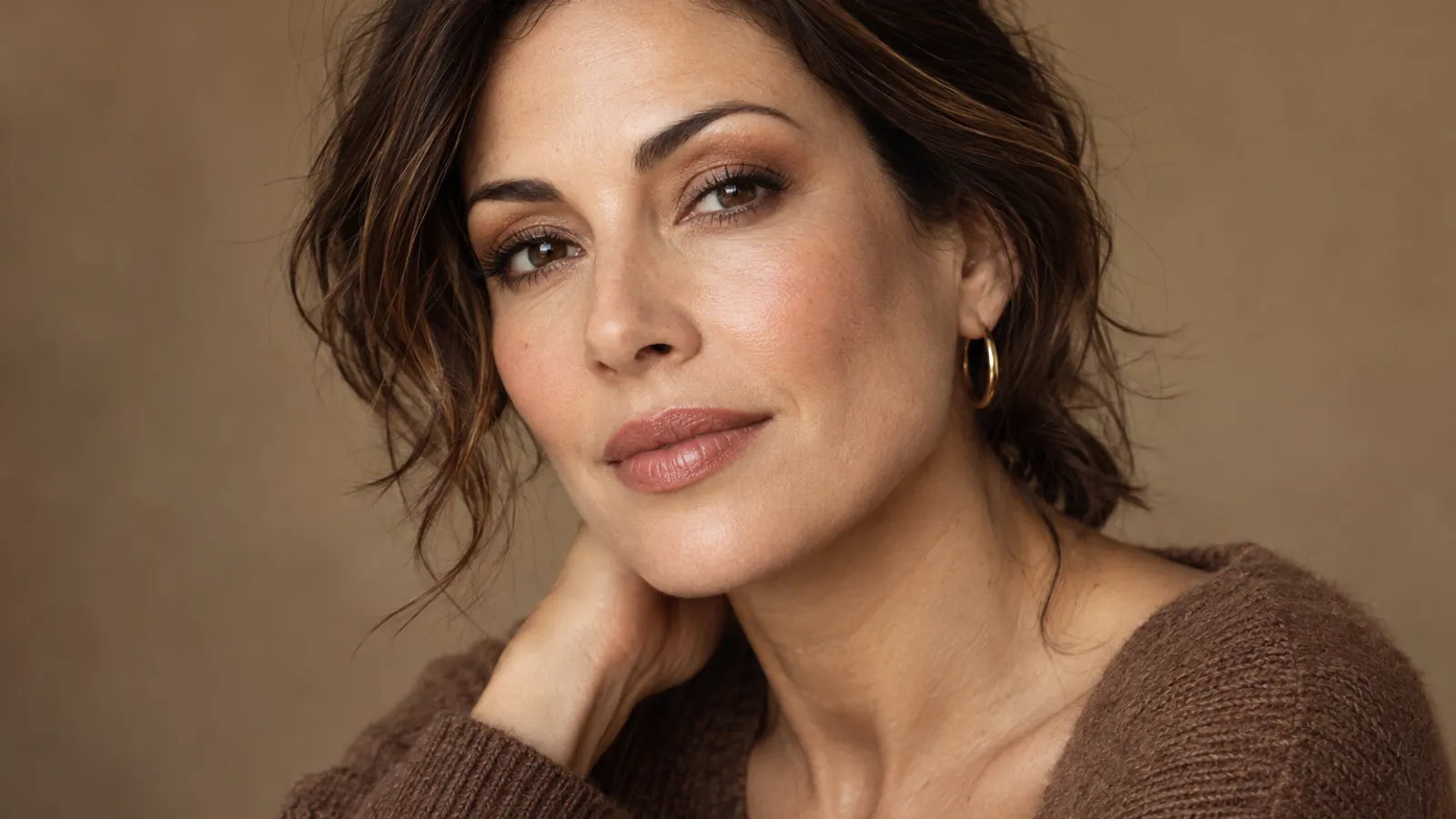 Woman wearing softly blended bronze eyeshadow and neutral lips