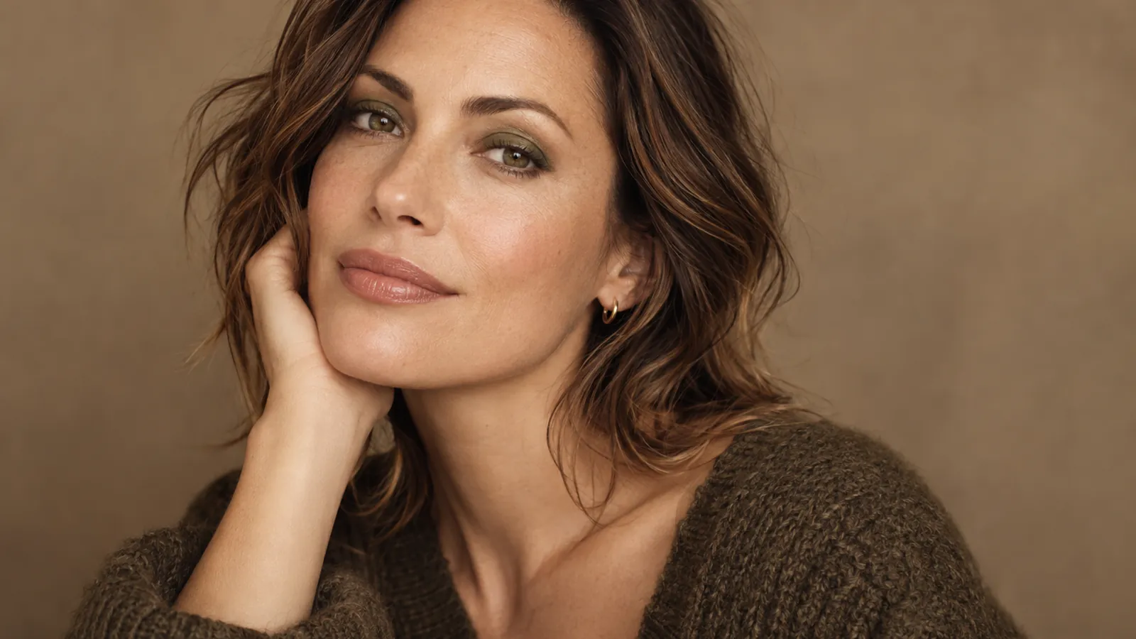 Woman wearing muted olive eyeshadow with nude lips
