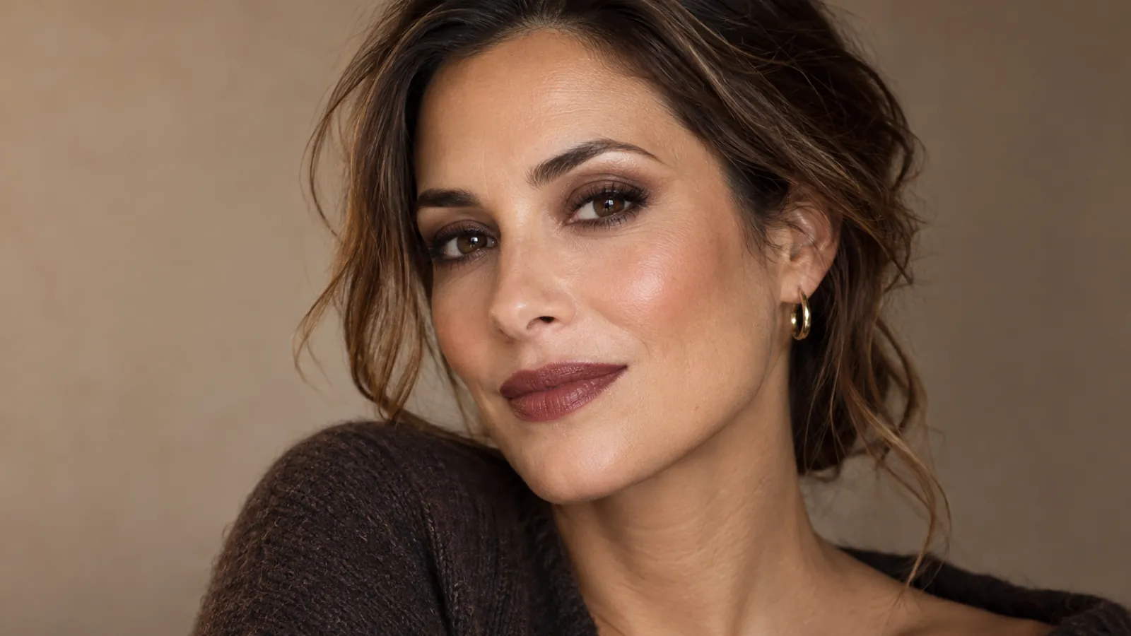 Woman with softly smoked espresso eyes and muted wine lipstick