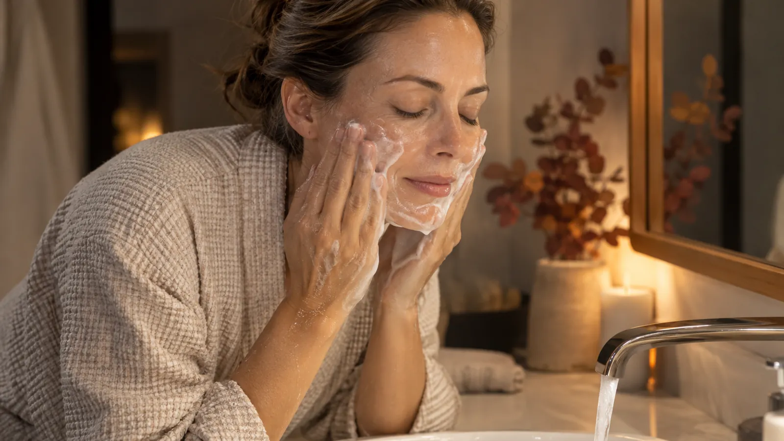 Woman gently cleansing her face at a bathroom sink