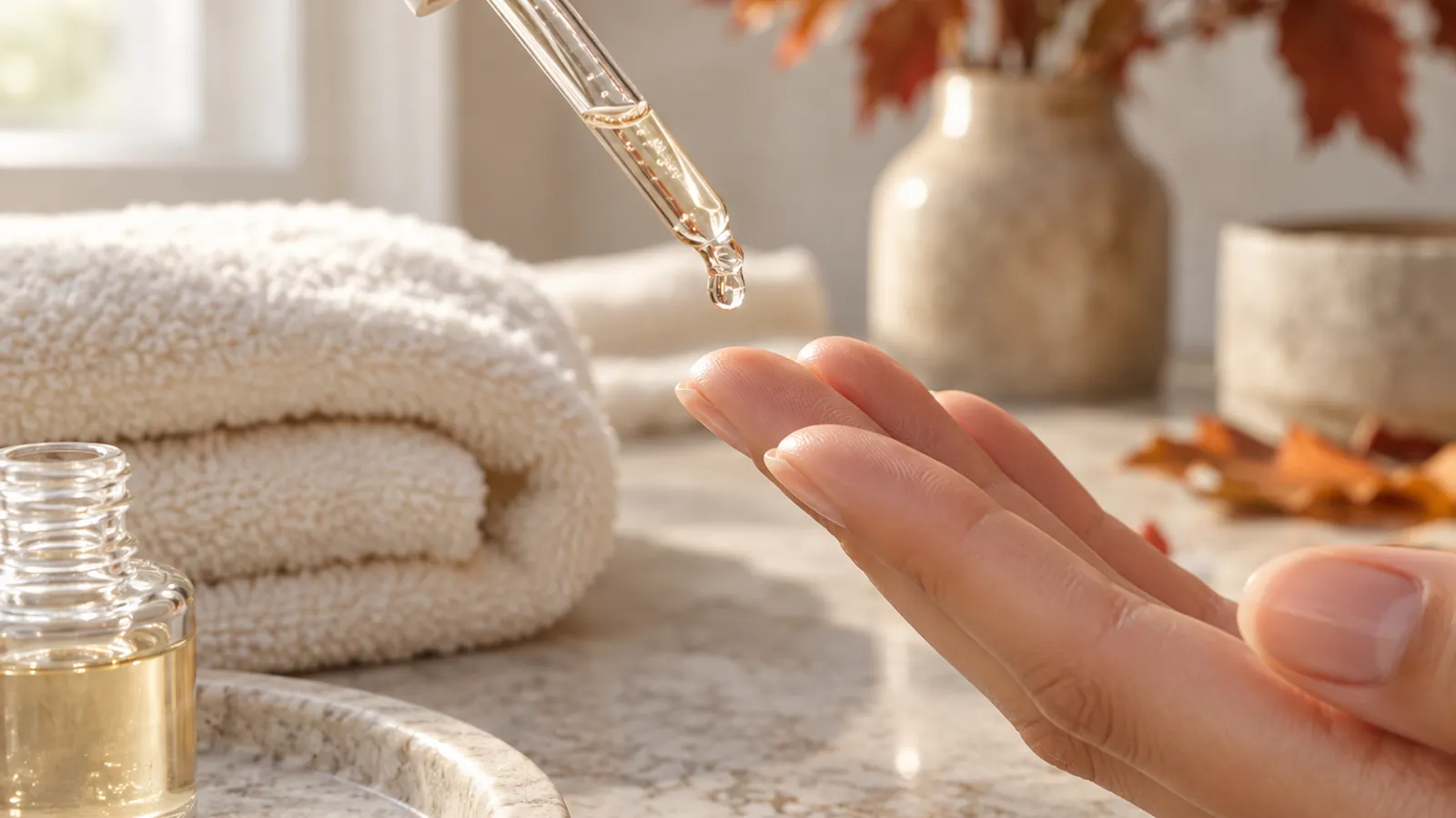 Unbranded hydrating serum dropper above clean fingertips