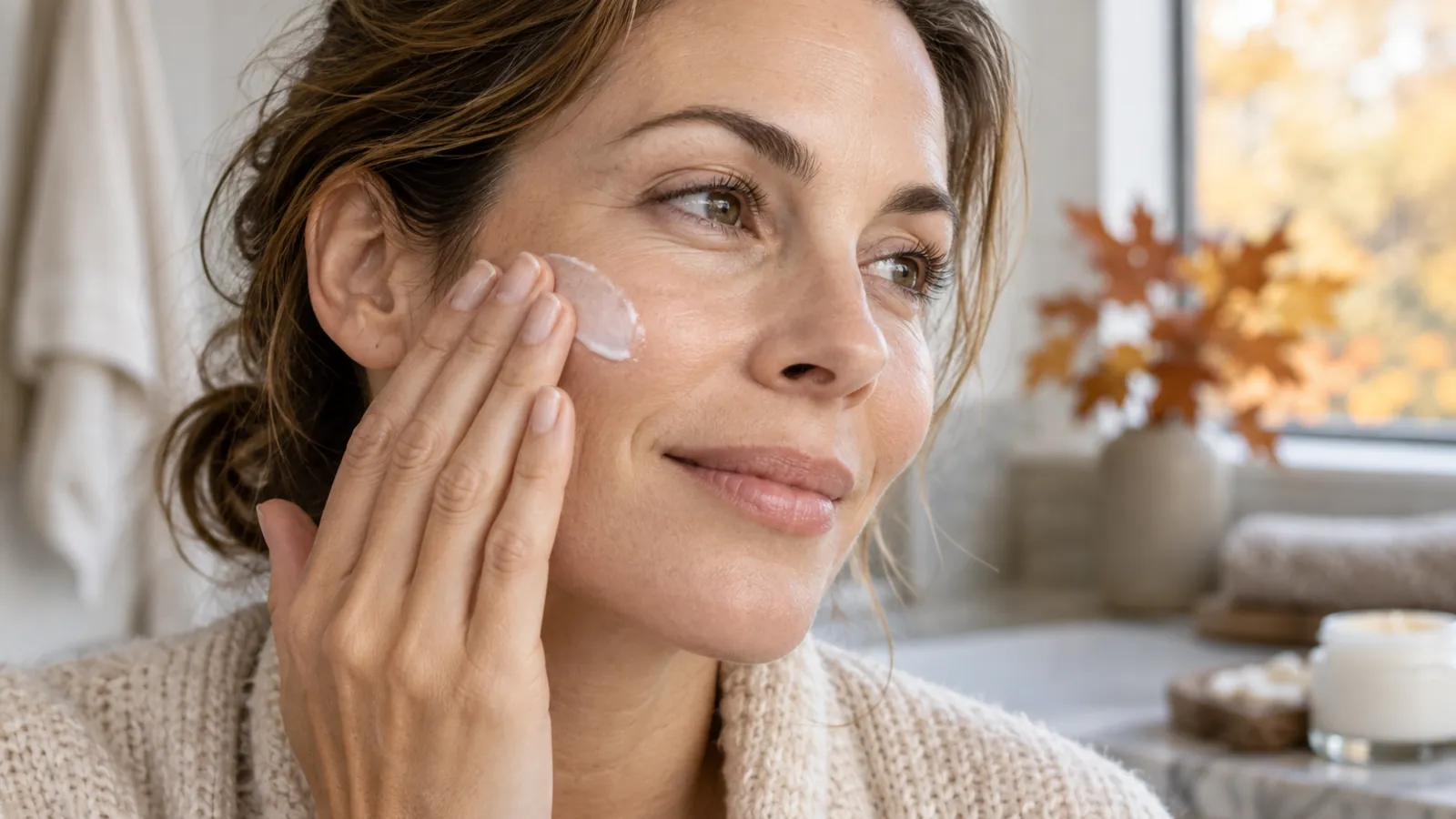 Woman gently applying moisturizer during a simple fall skincare routine