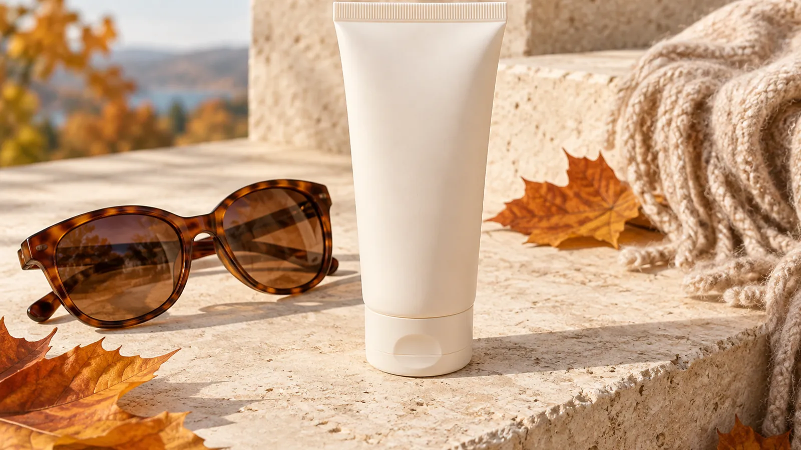 Unbranded sunscreen tube beside sunglasses and autumn leaves