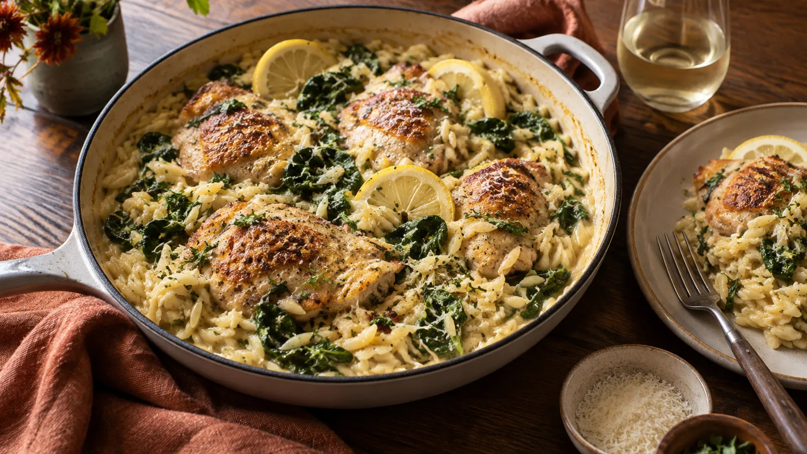 One-pan creamy chicken orzo with spinach, herbs and lemon