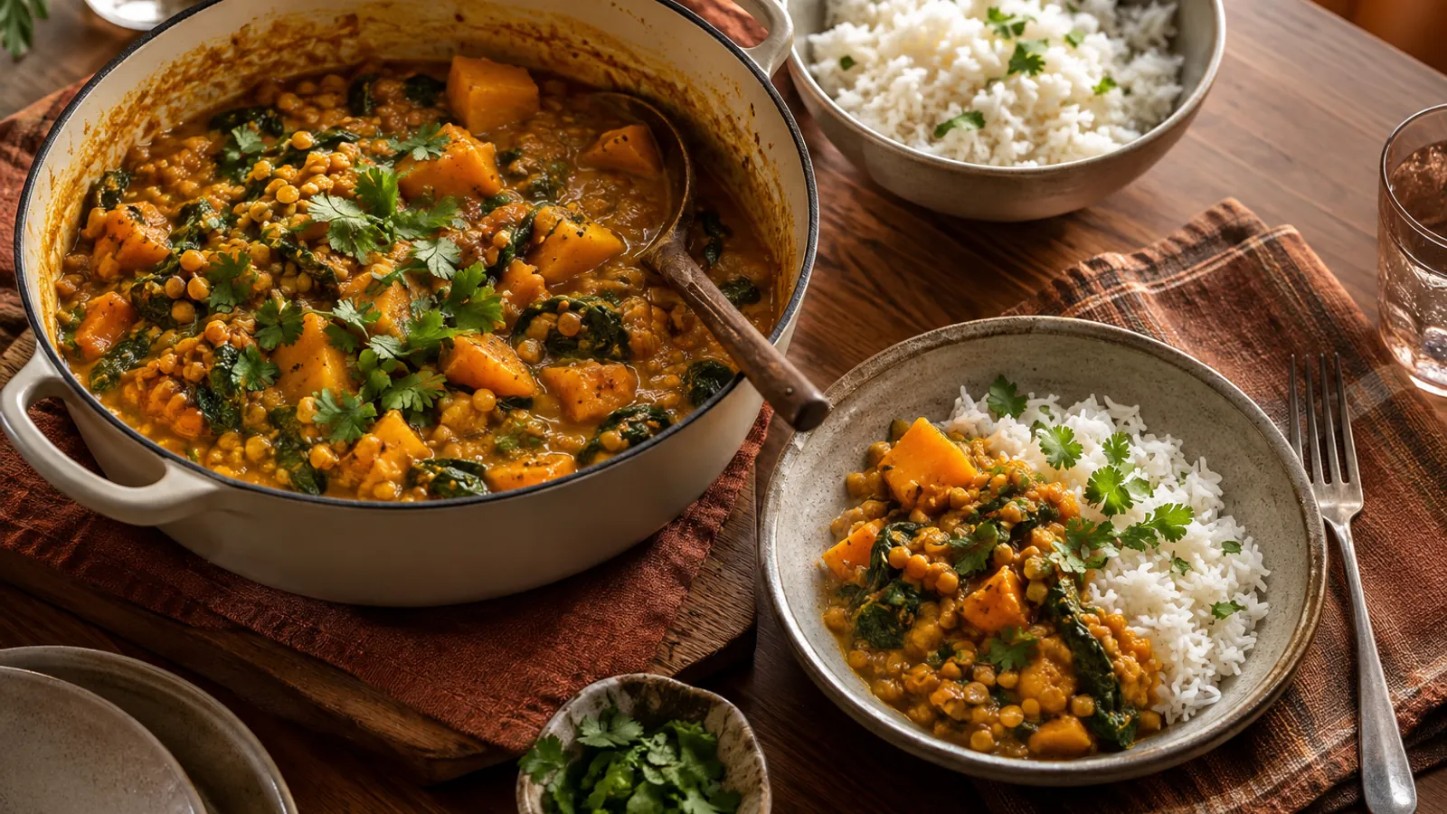 Golden squash and red lentil curry served with rice