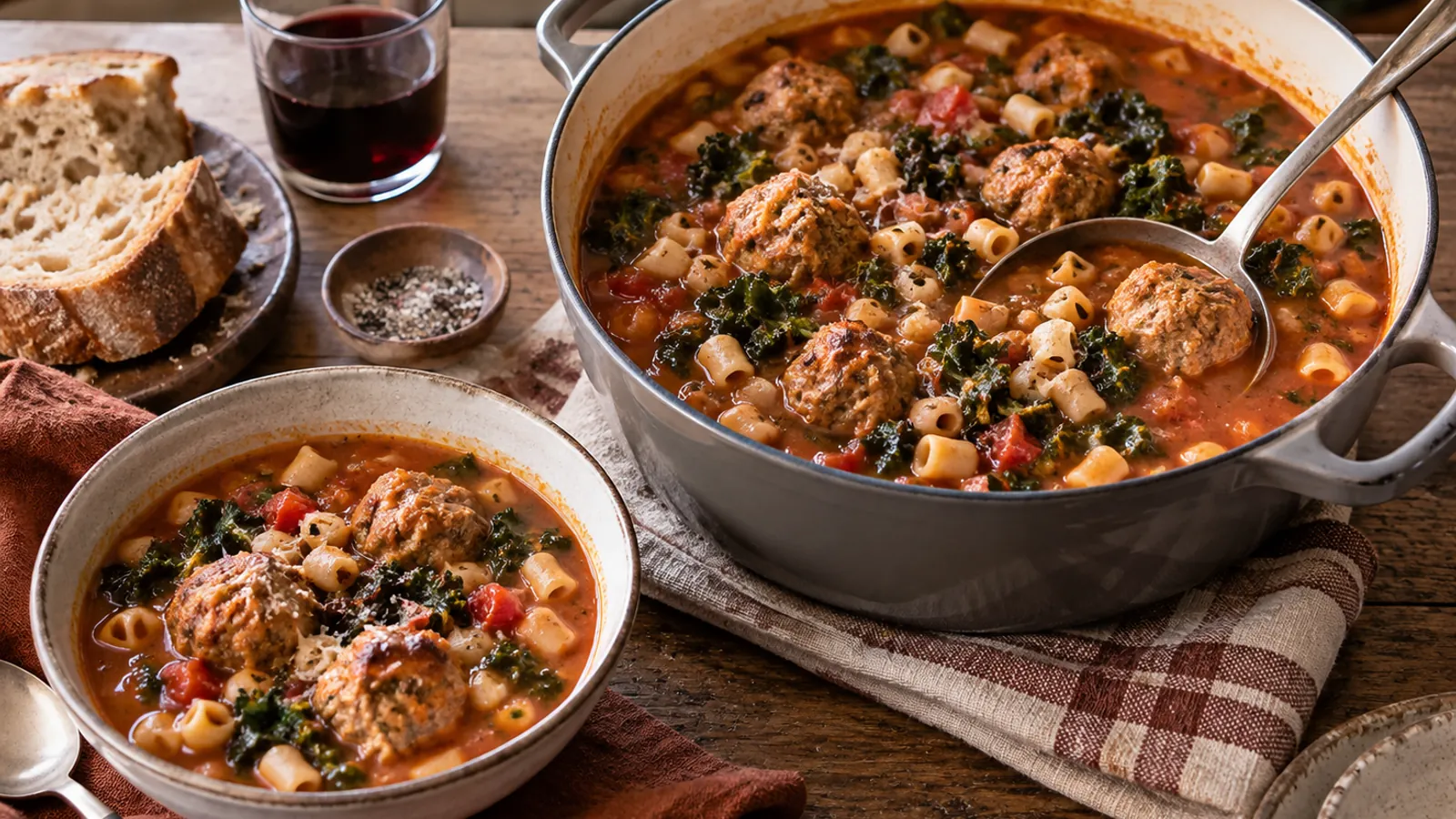 Tomato broth soup with turkey meatballs, beans, kale and pasta