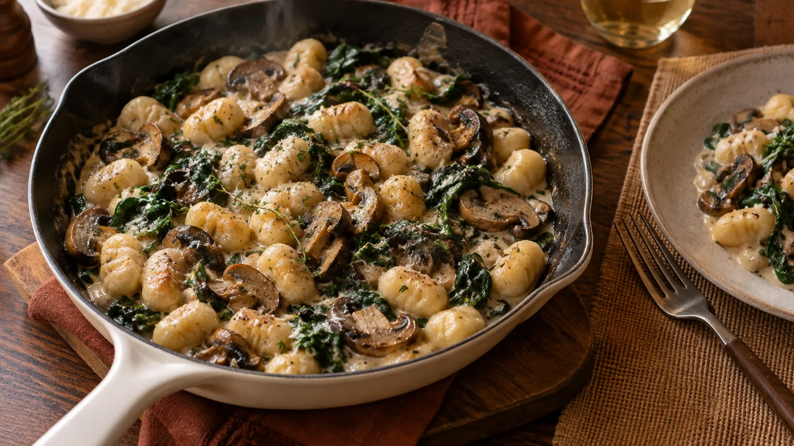 Creamy skillet gnocchi with browned mushrooms and greens
