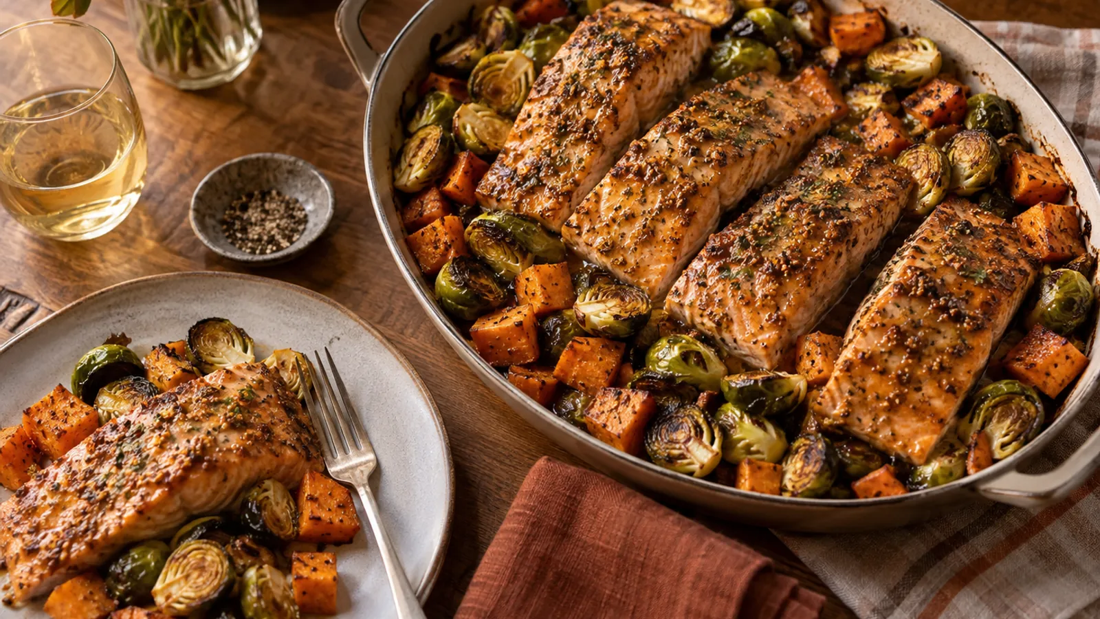 Roasted salmon with Brussels sprouts and sweet potato