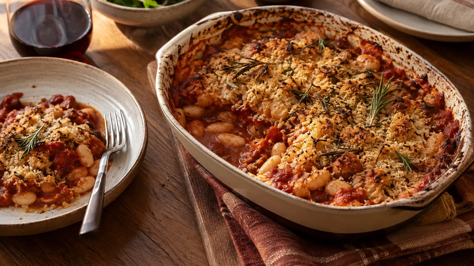 Baked white beans in tomato sauce with golden breadcrumbs
