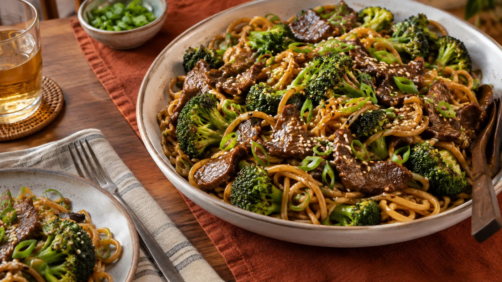 Ginger beef and broccoli noodles with scallions and sesame
