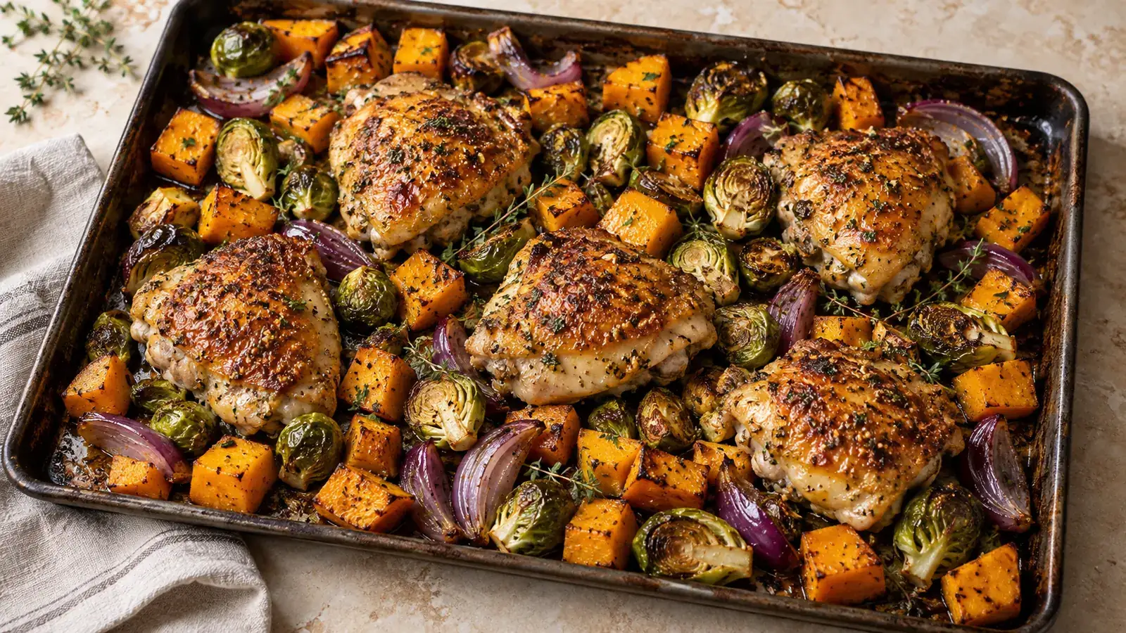 Golden chicken thighs with roasted butternut squash, Brussels sprouts and red onion