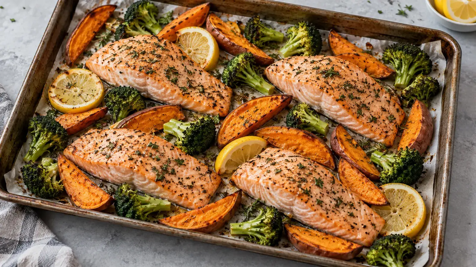 Roasted salmon fillets with sweet potato wedges, broccoli and lemon