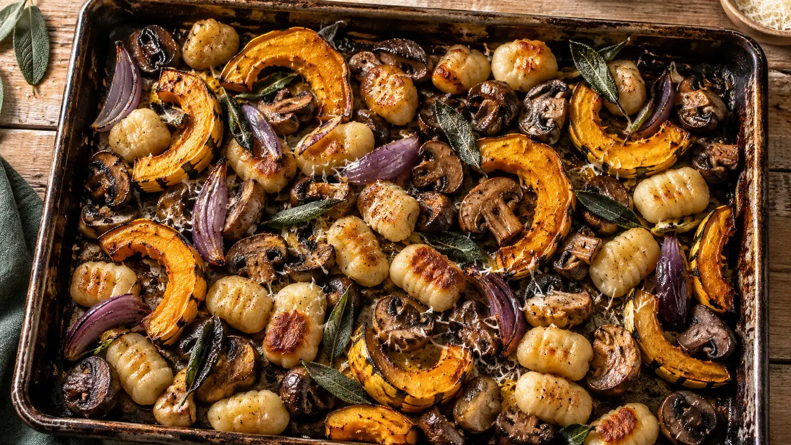 Crispy gnocchi roasted with mushrooms, delicata squash, red onion and sage