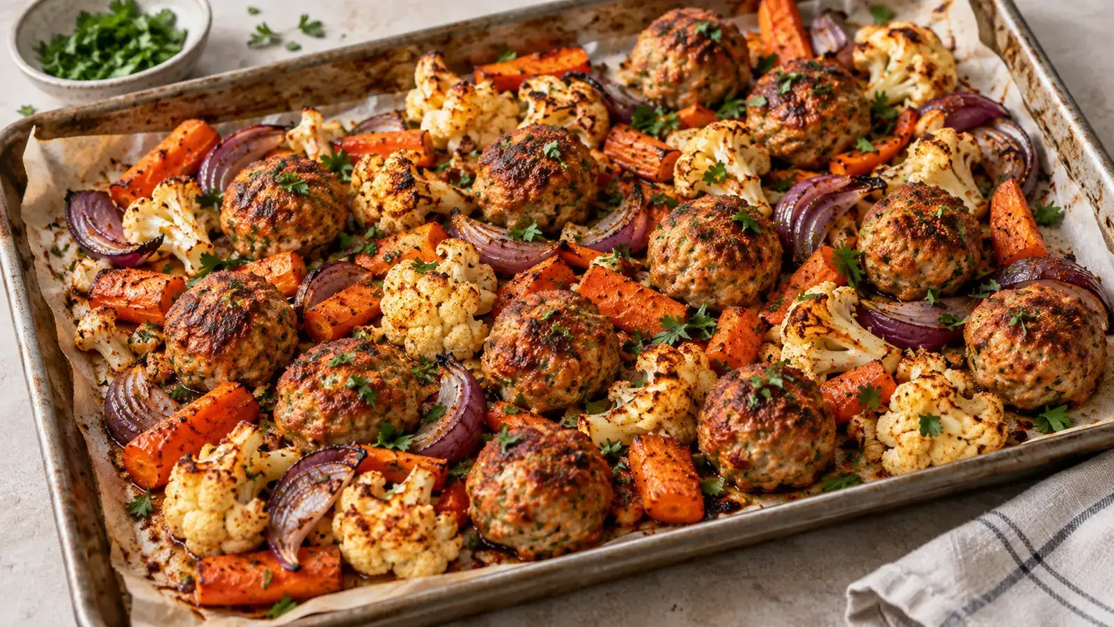 Roasted turkey meatballs with paprika cauliflower, carrots and red onion