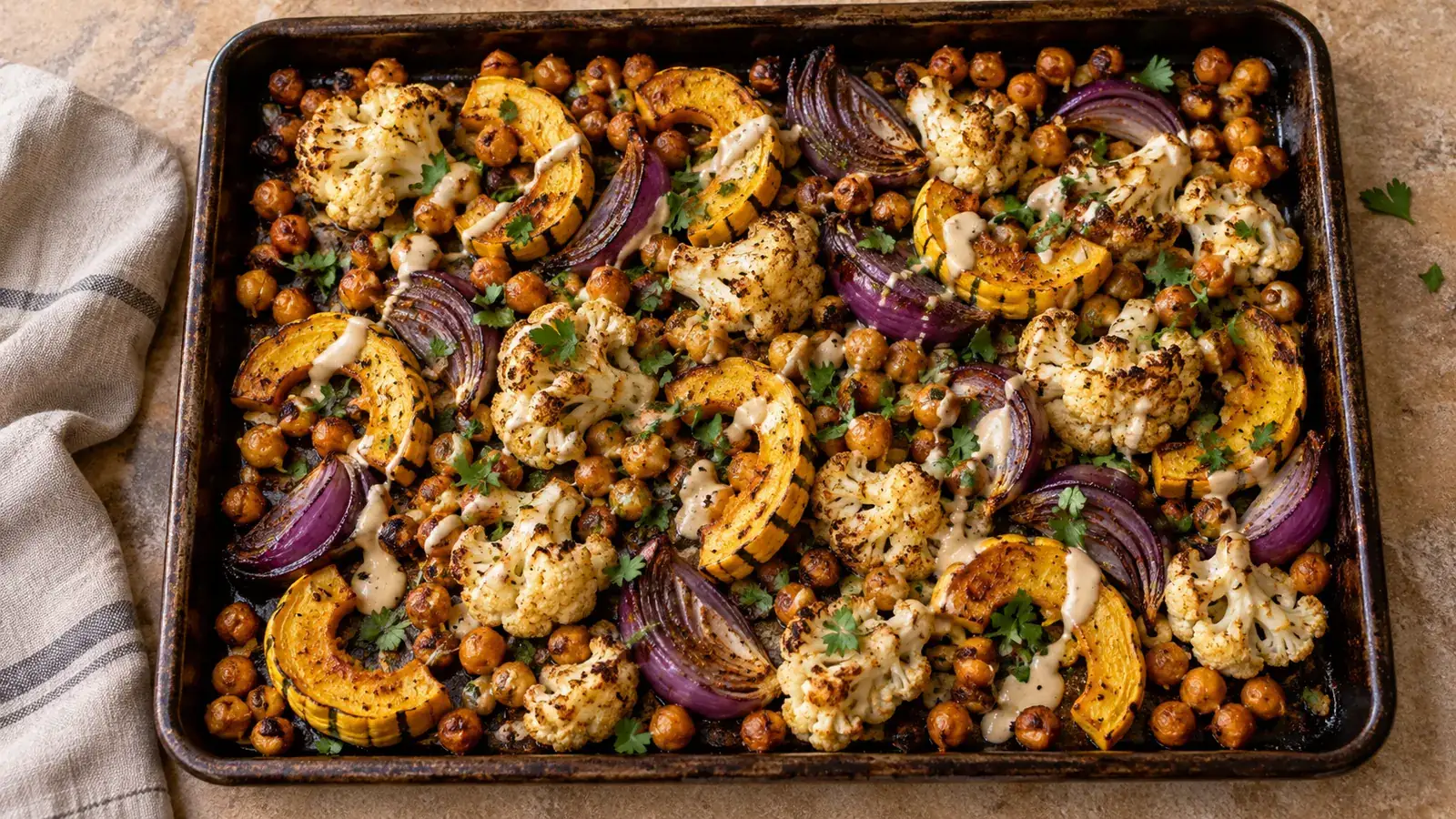 Crispy roasted chickpeas with cauliflower, delicata squash, red onion and tahini drizzle
