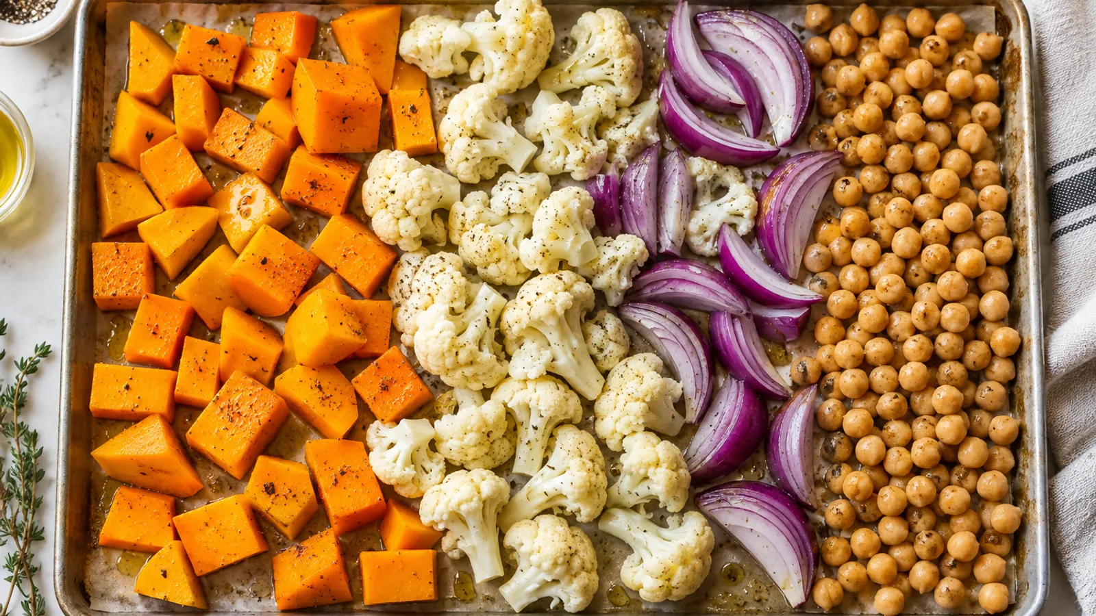 Butternut squash cauliflower red onion and chickpeas prepared for roasting