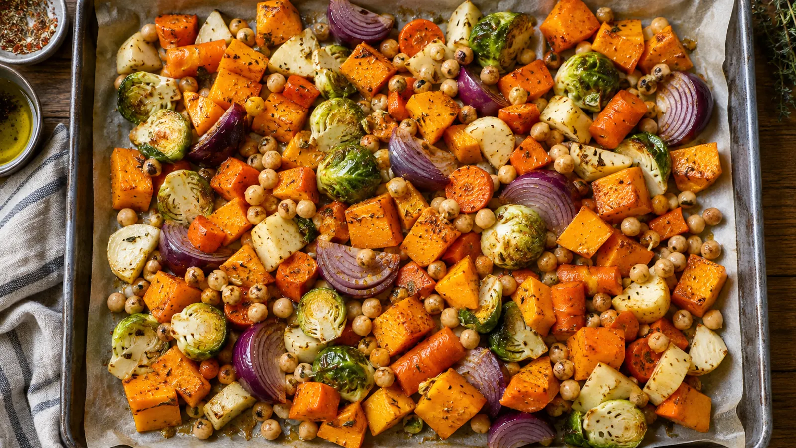 Seasoned autumn vegetables and chickpeas arranged on a sheet pan