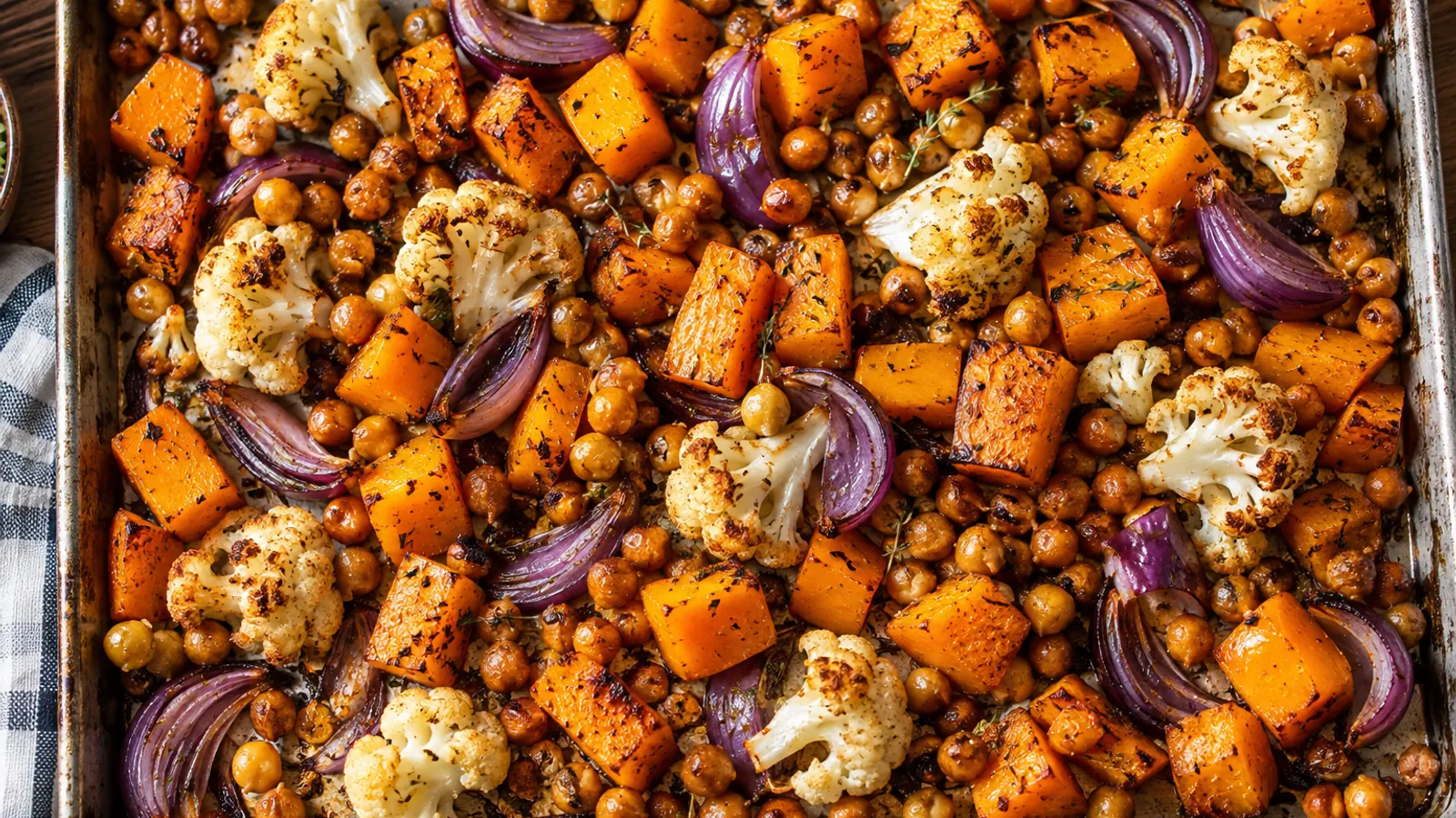 Golden roasted squash cauliflower onion and chickpeas on a sheet pan