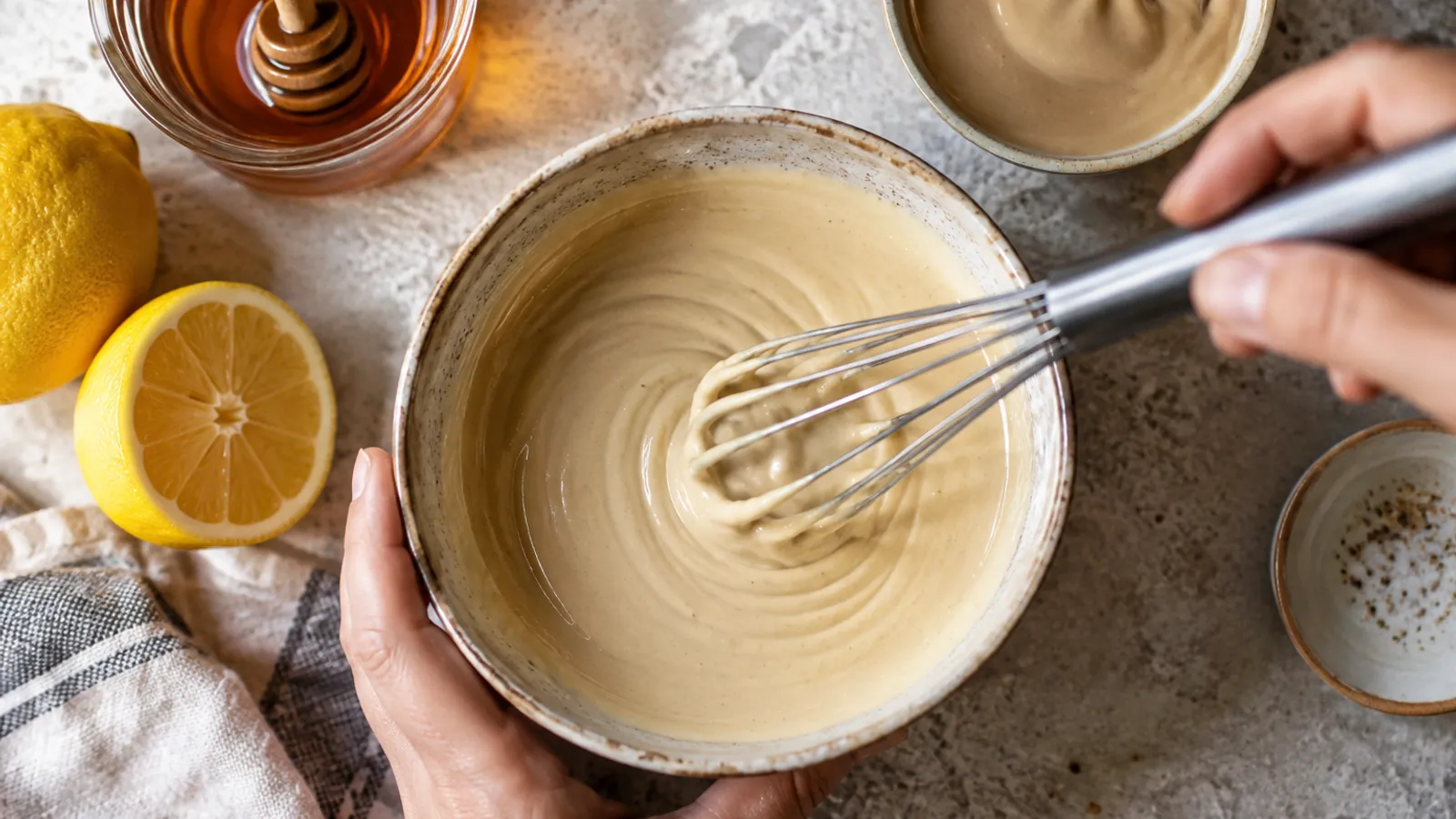 Creamy maple tahini dressing being whisked in a ceramic bowl