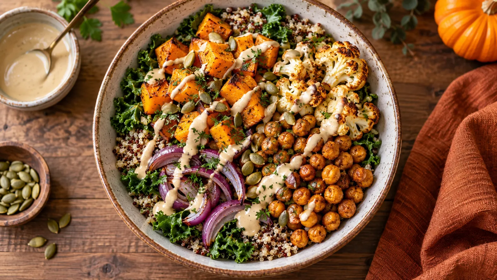 Roasted autumn vegetable bowl with quinoa chickpeas greens and maple tahini dressing