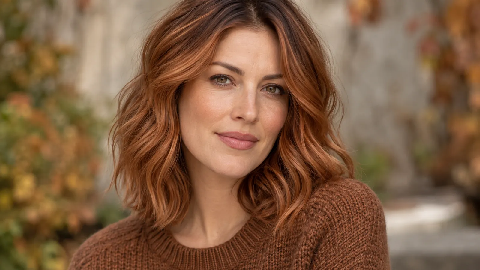 Woman with softly waved muted copper hair in autumn light