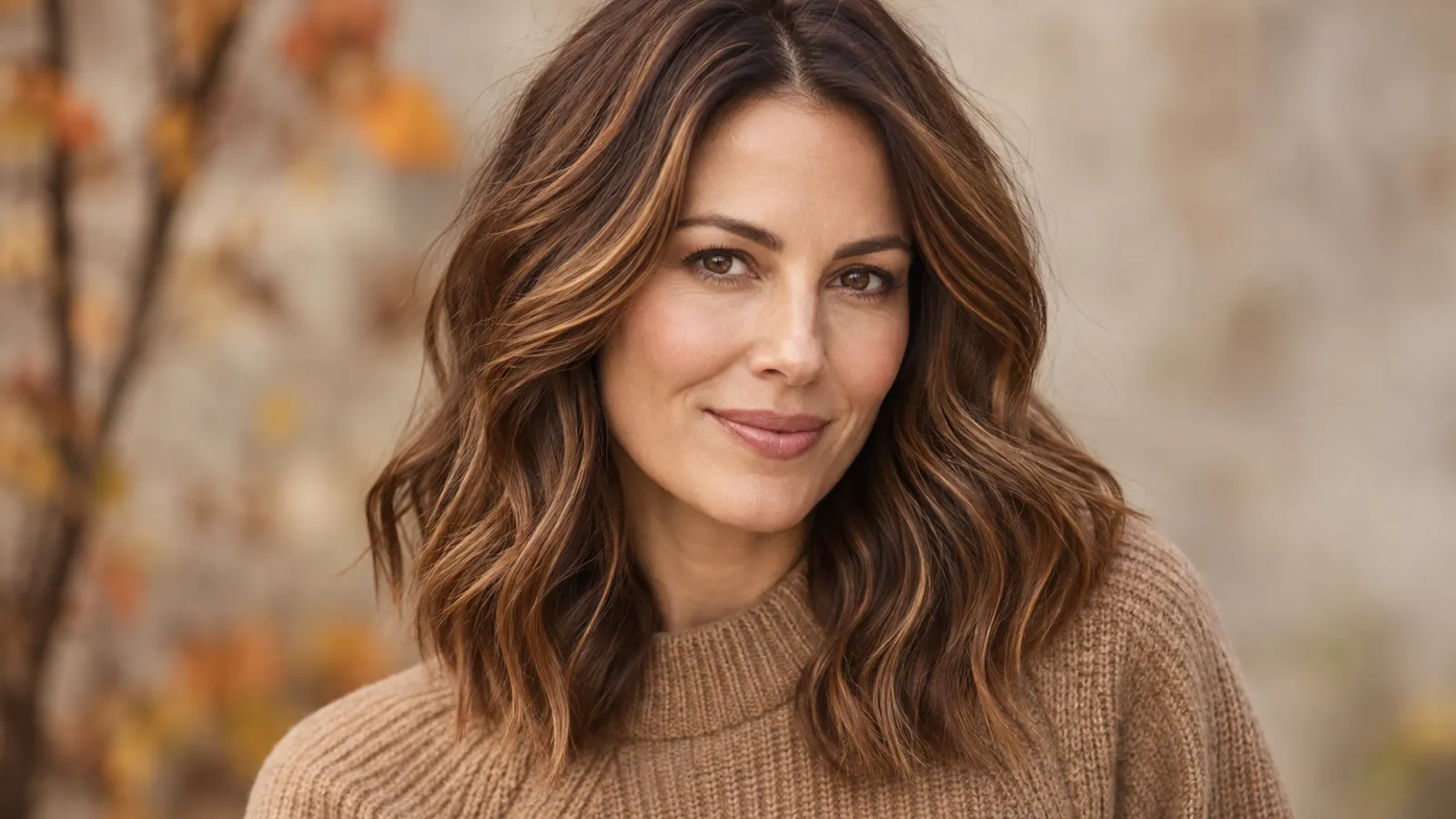 Medium-length brunette waves with fine cinnamon ribbons