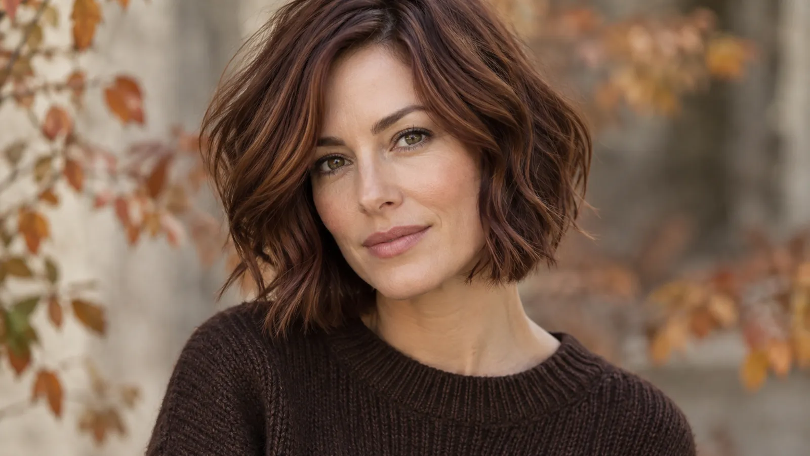 Textured bob colored muted smoked auburn