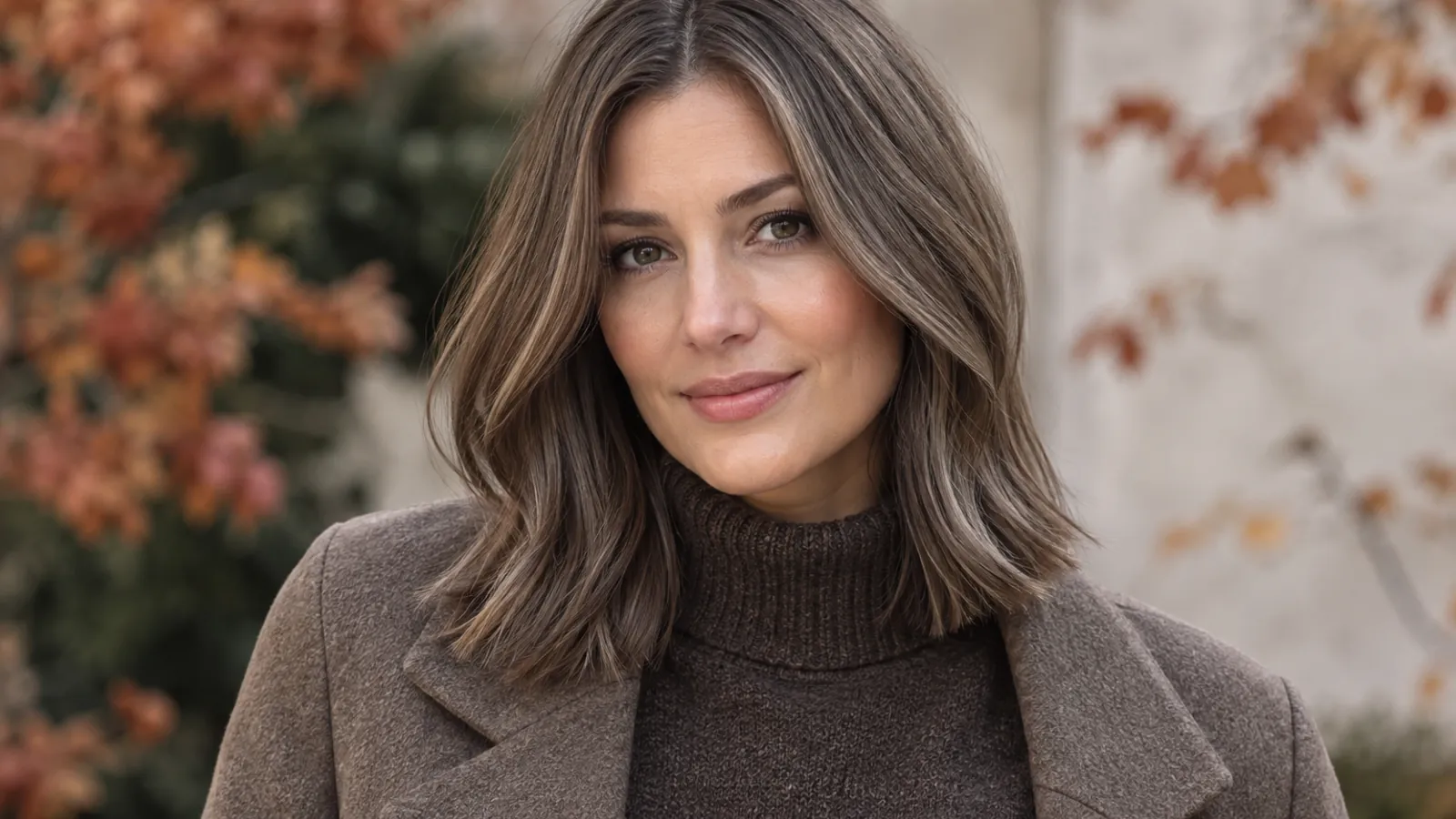 Sleek shoulder-length hair with cool mushroom brown dimension
