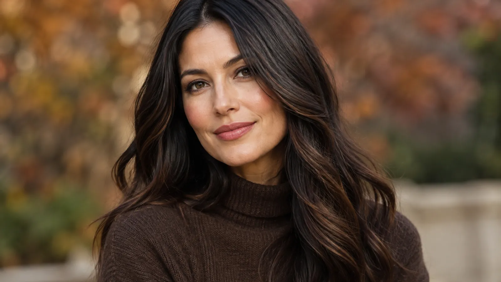Long soft-black hair with subtle bronze reflection