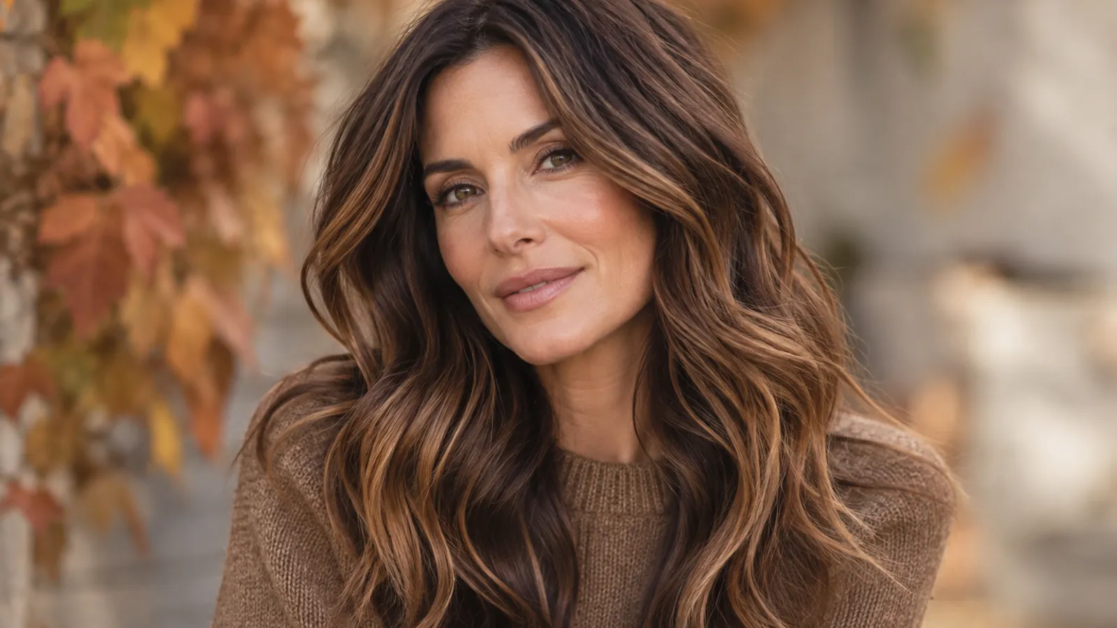 Long brunette waves with restrained maple caramel balayage