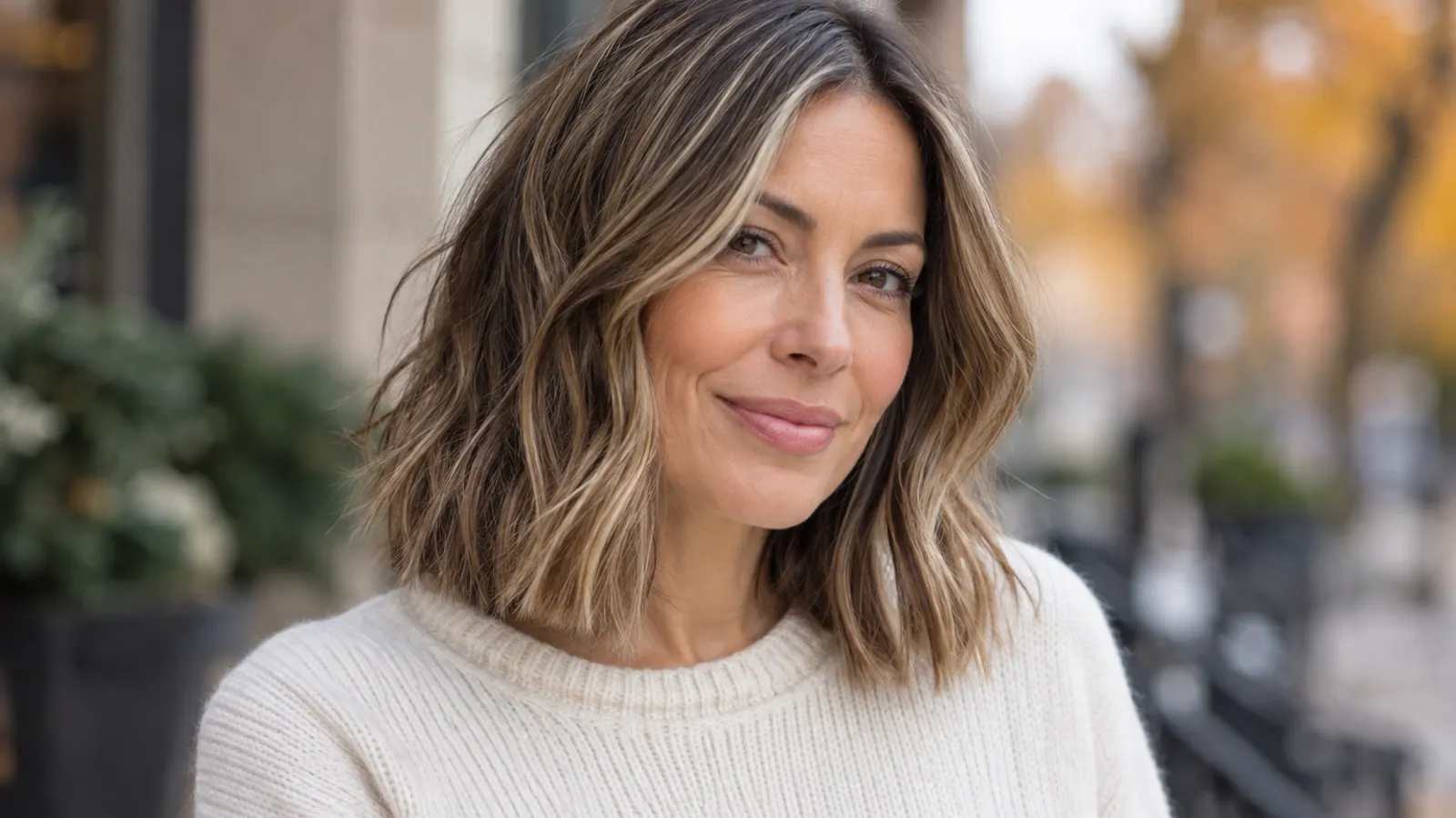 Softly waved brunette collarbone lob viewed from the front