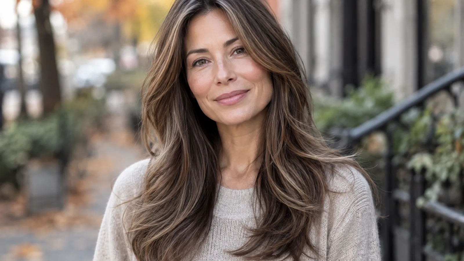 Woman with long brunette hair and softly blended layers