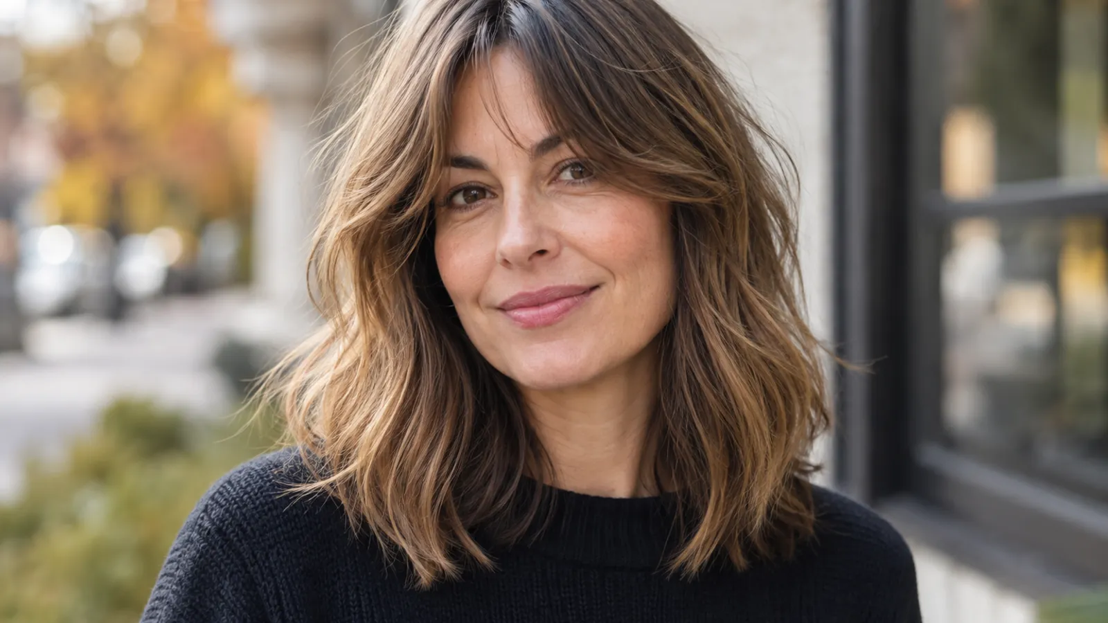 Medium-length haircut with long curtain fringe blending at the cheekbones