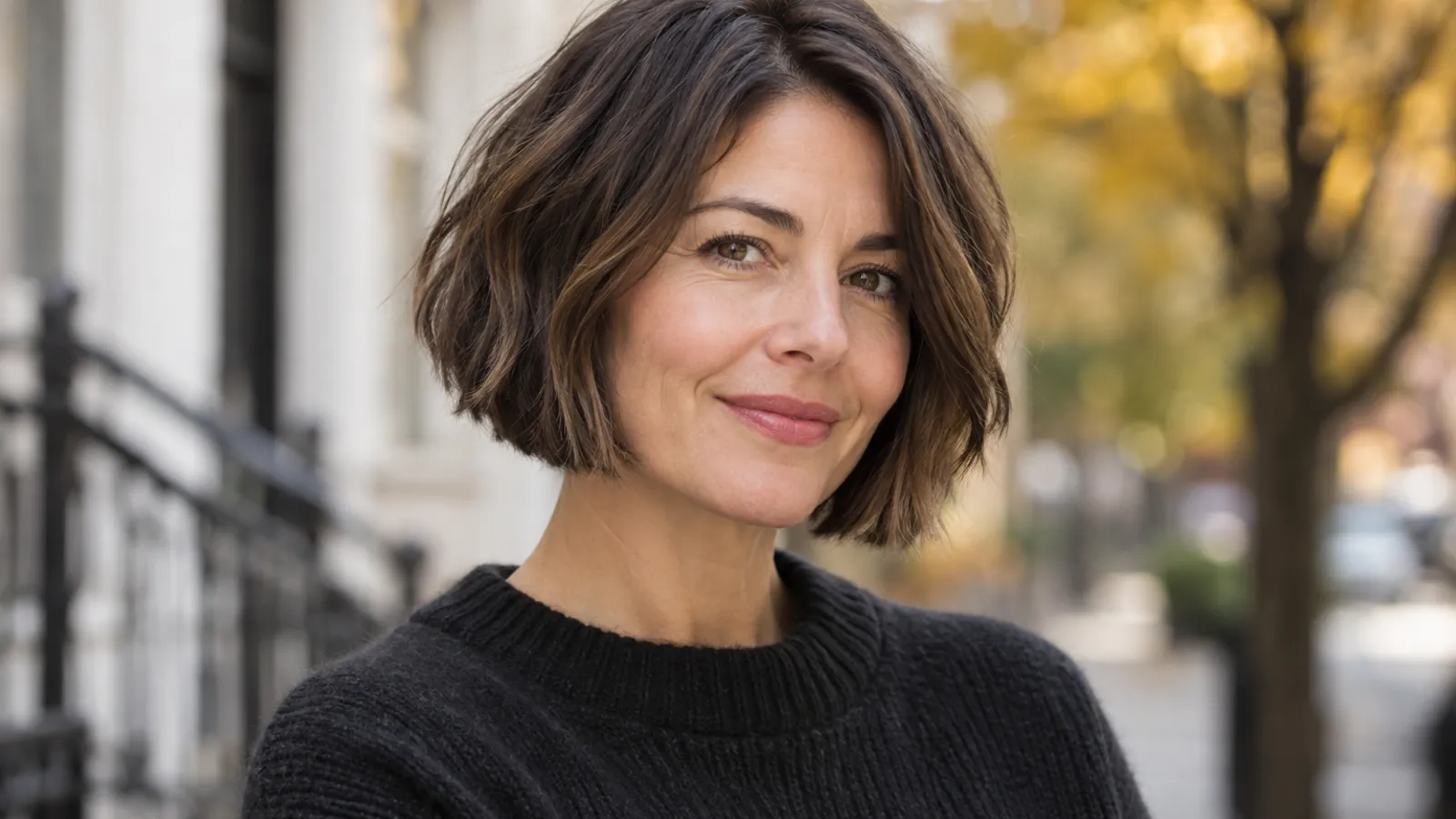 Woman with a softly textured one-length bob ending below the chin
