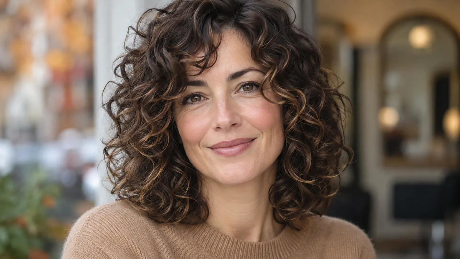 Woman with a rounded shoulder-length naturally curly haircut