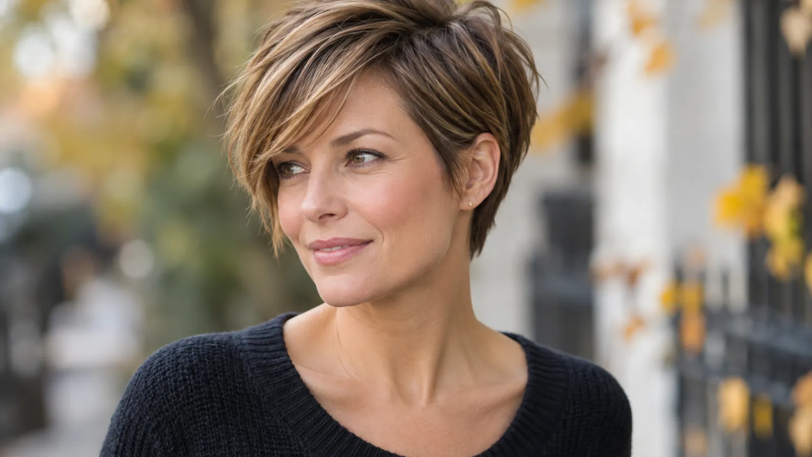 Woman wearing a long pixie haircut with a soft side-swept top