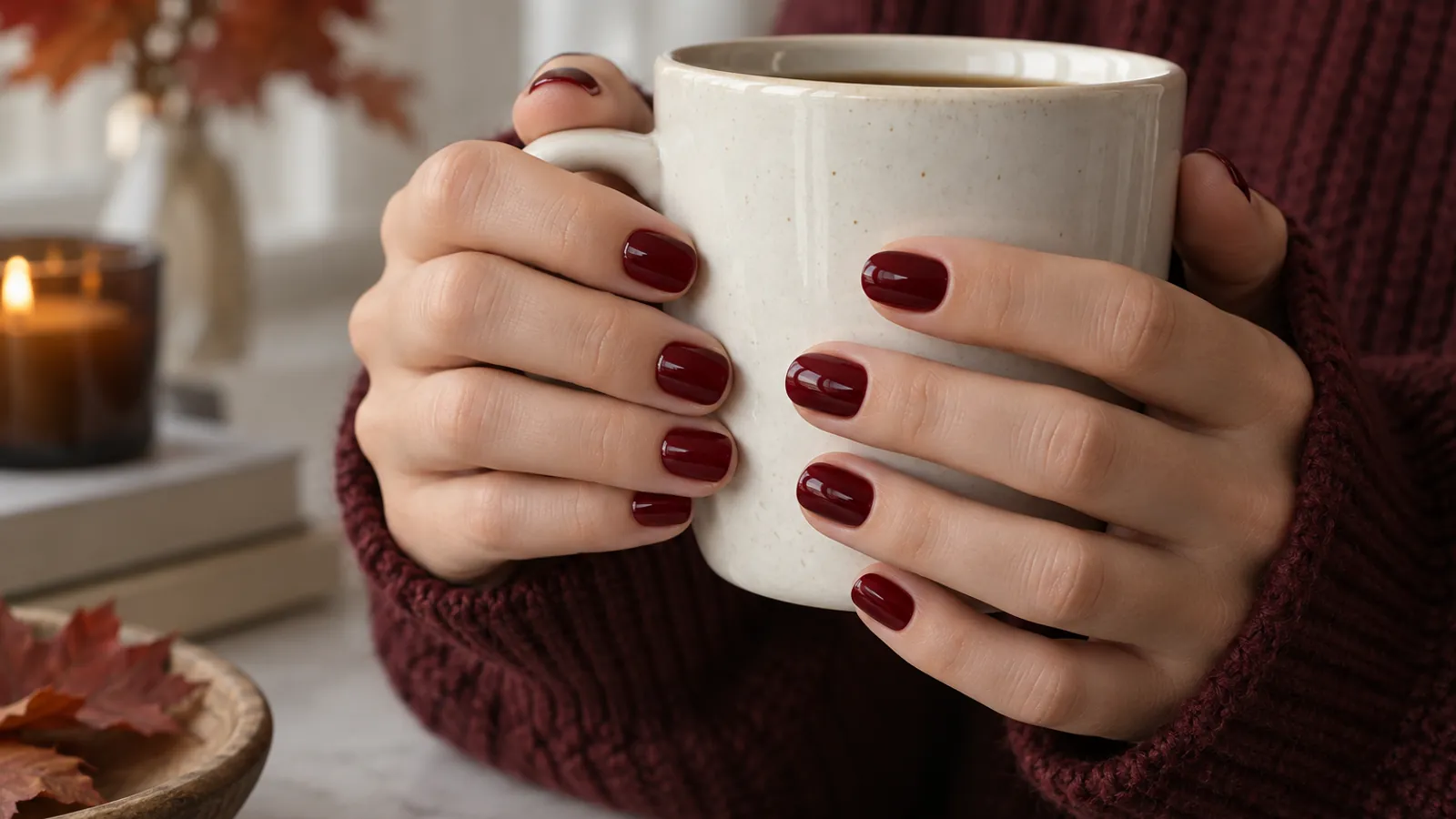 Short rounded nails painted glossy deep cherry red