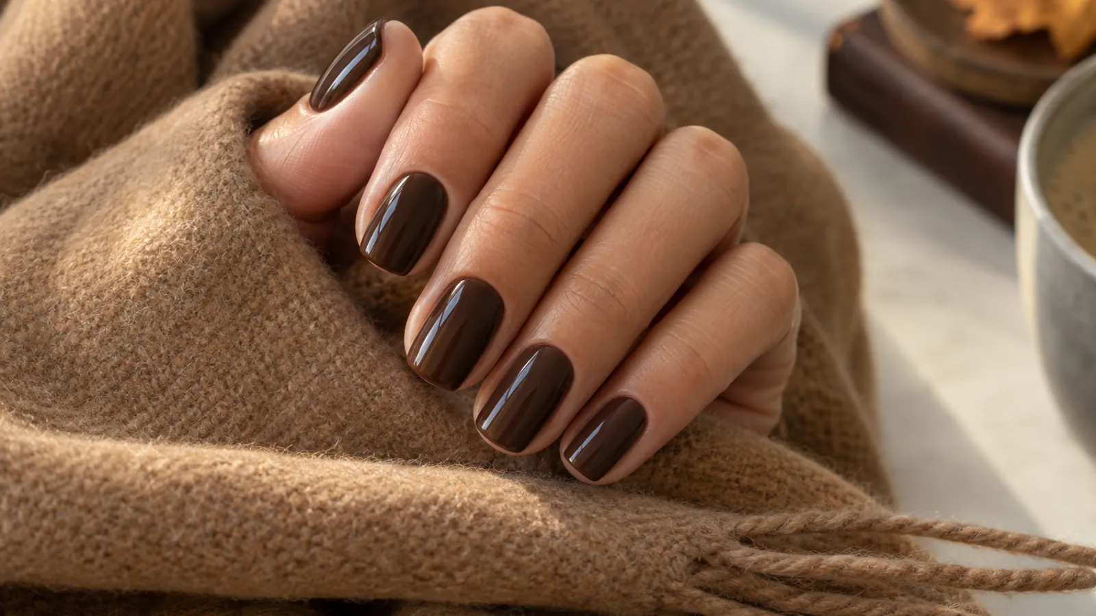 Squoval nails painted glossy dark chocolate brown