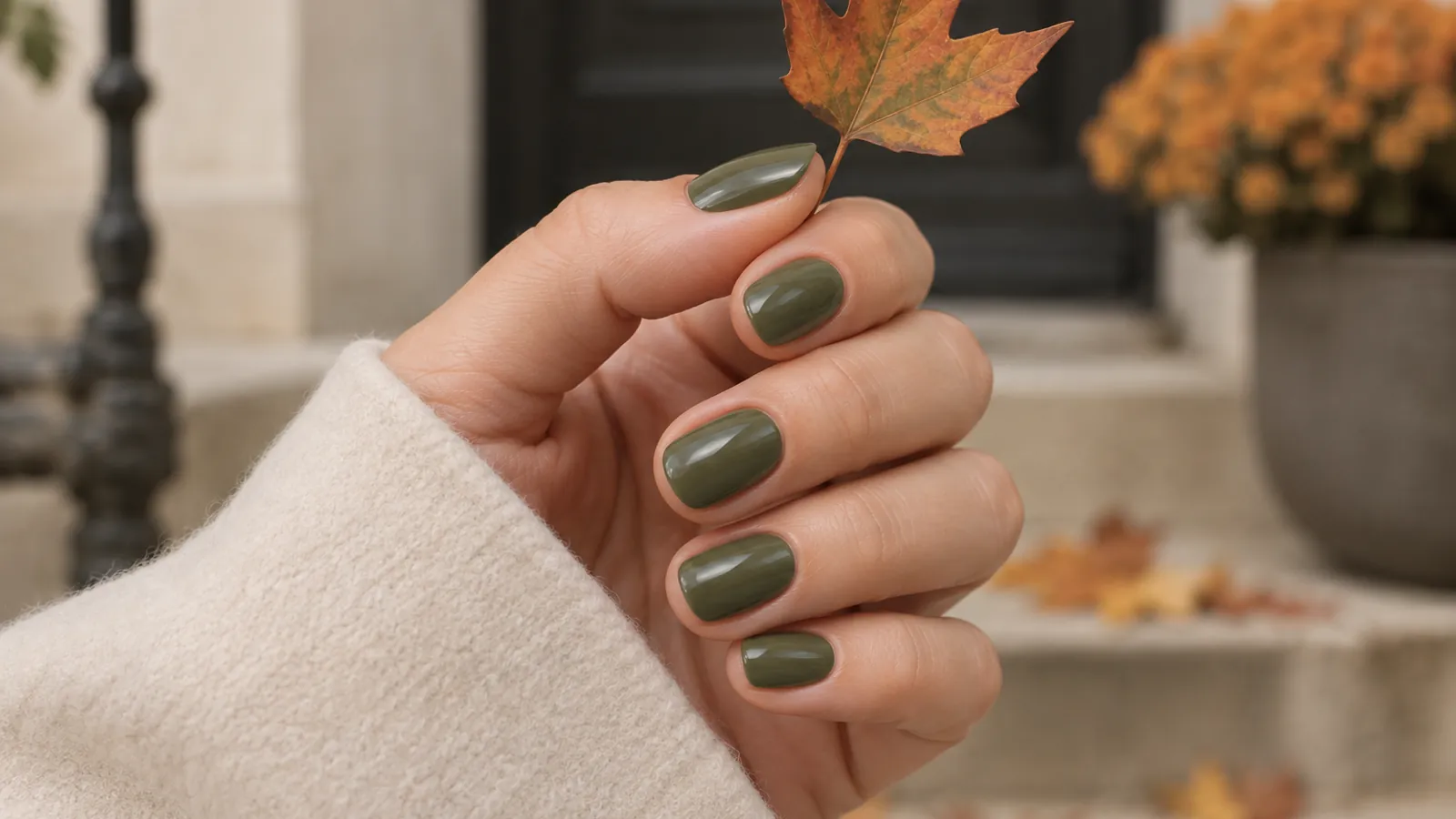 Short oval nails painted muted olive green