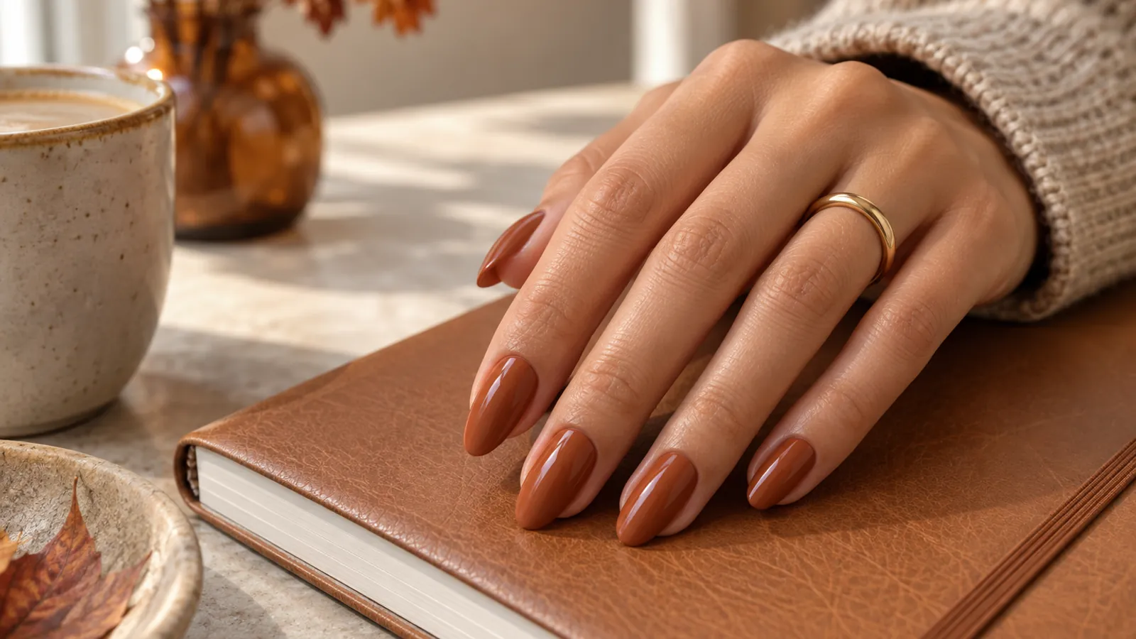 Almond nails painted glossy warm terracotta