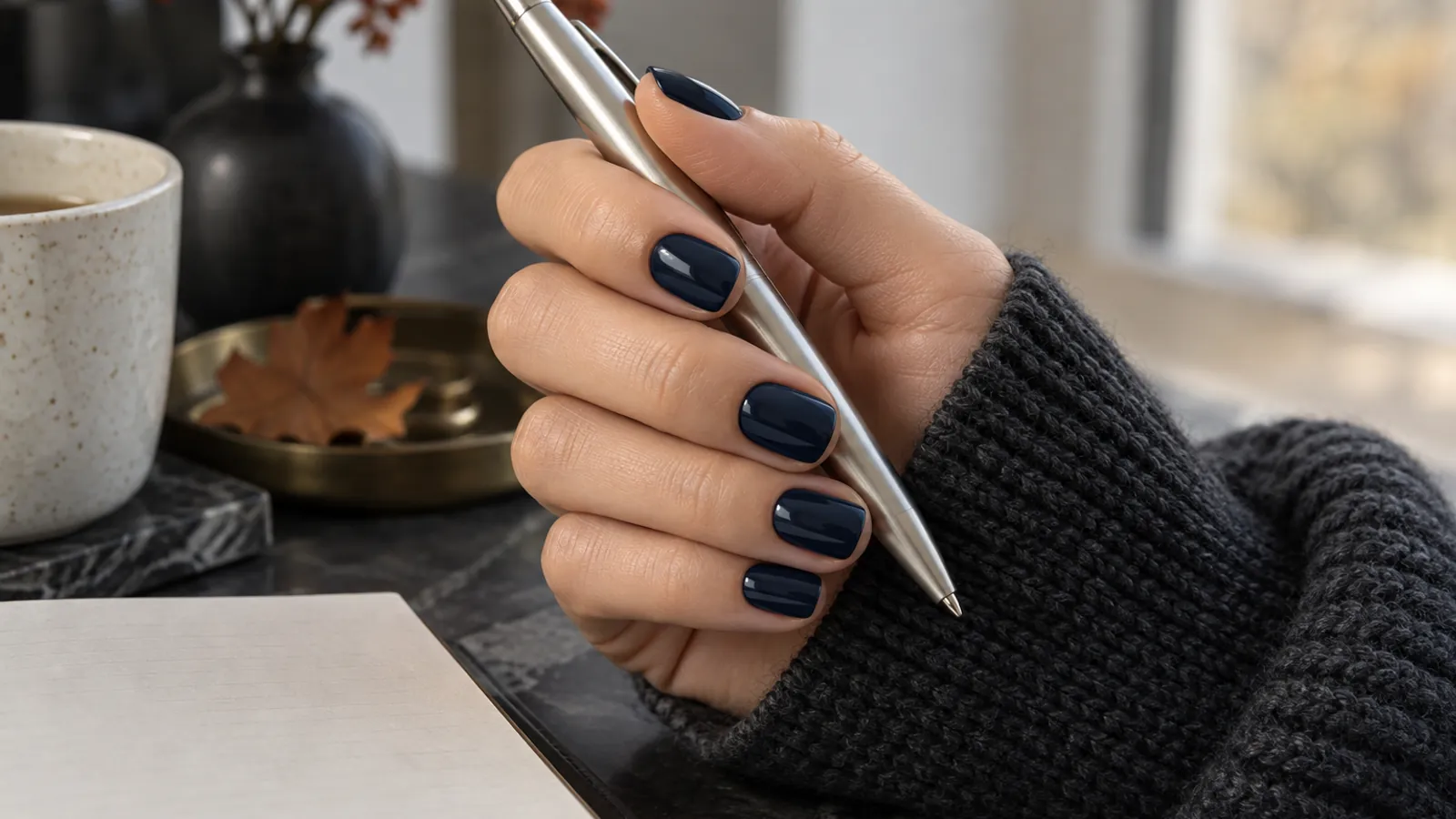 Short squoval nails painted glossy midnight blue
