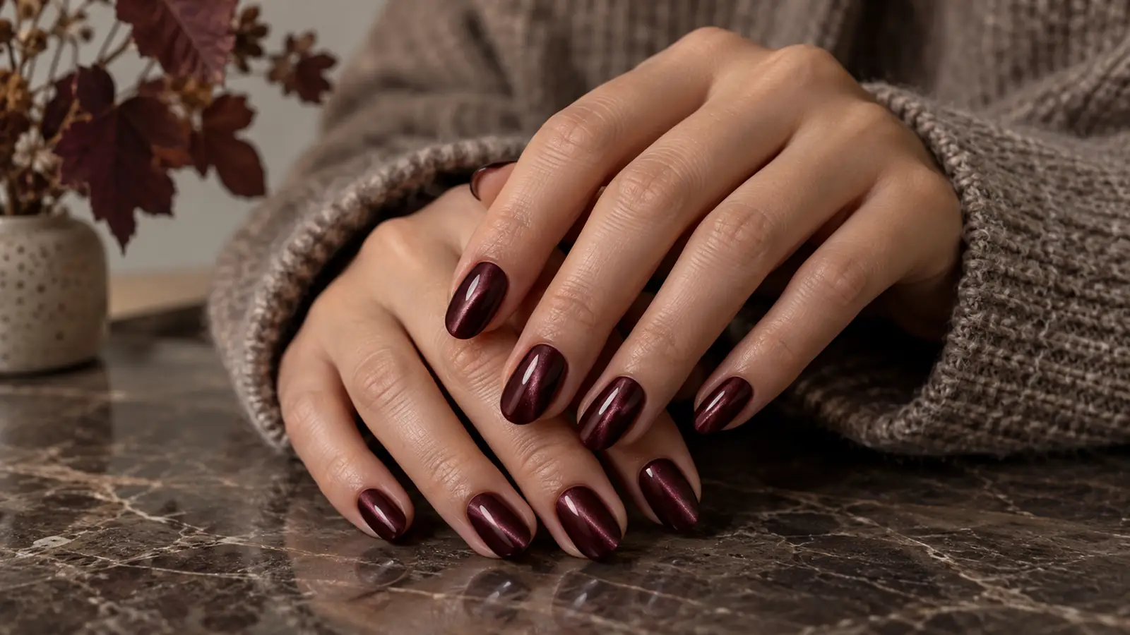 Deep burgundy velvet cat-eye manicure on short almond nails