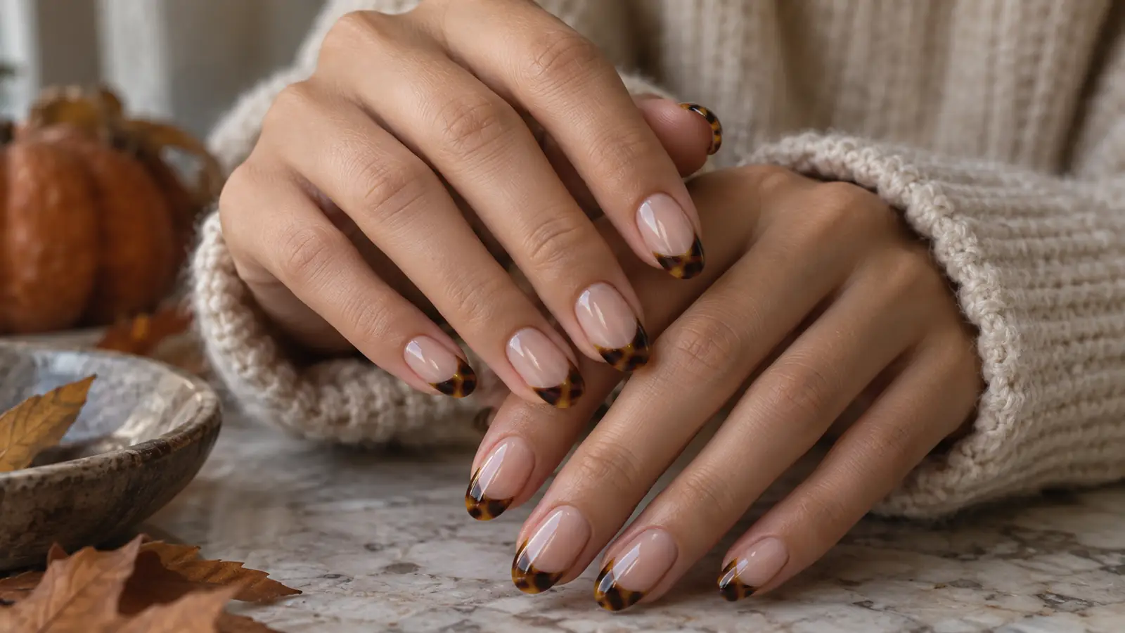 Translucent tortoiseshell French tips on neutral oval nails