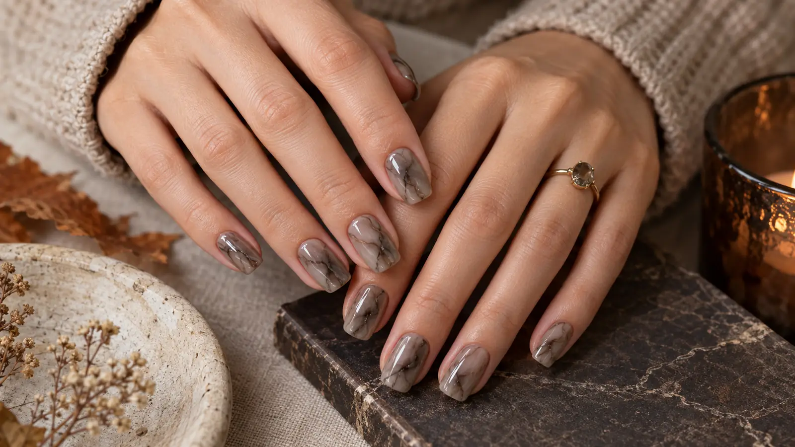 Smoky quartz marble design on medium squoval nails