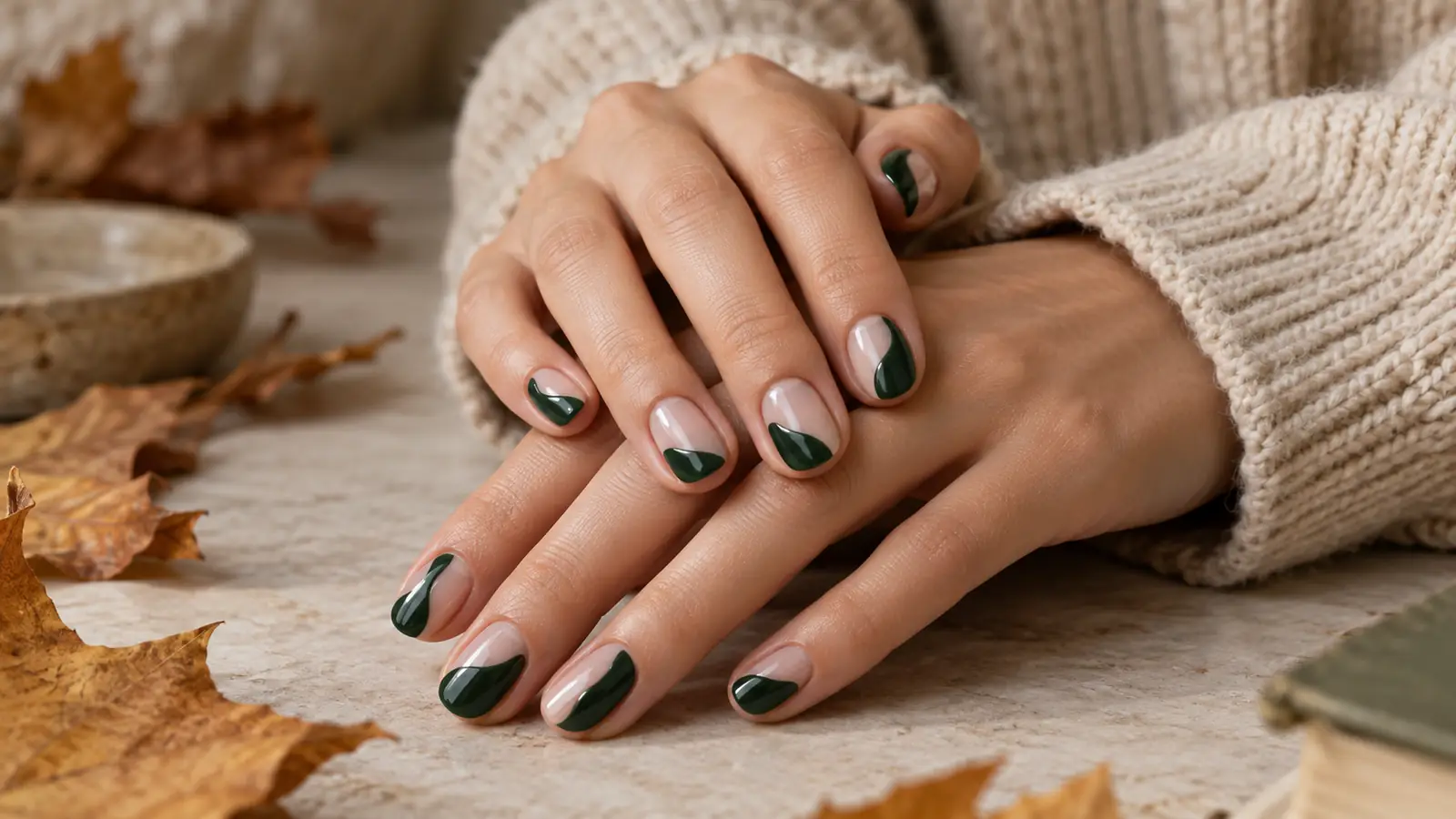 Forest-green curved negative-space nail art on short rounded nails