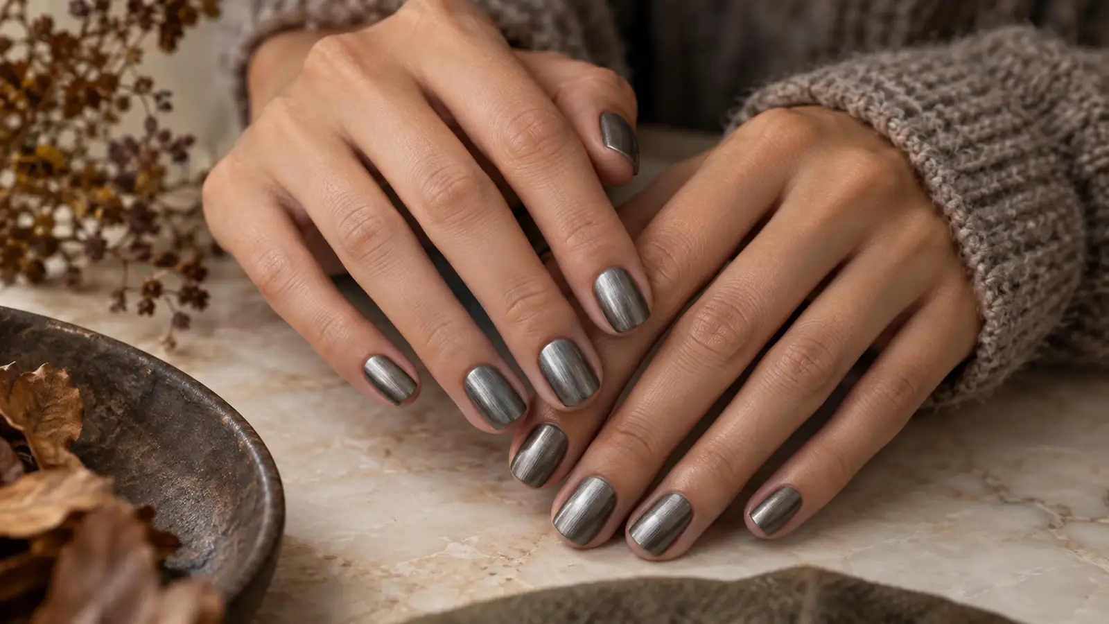 Brushed pewter chrome manicure on short squoval nails