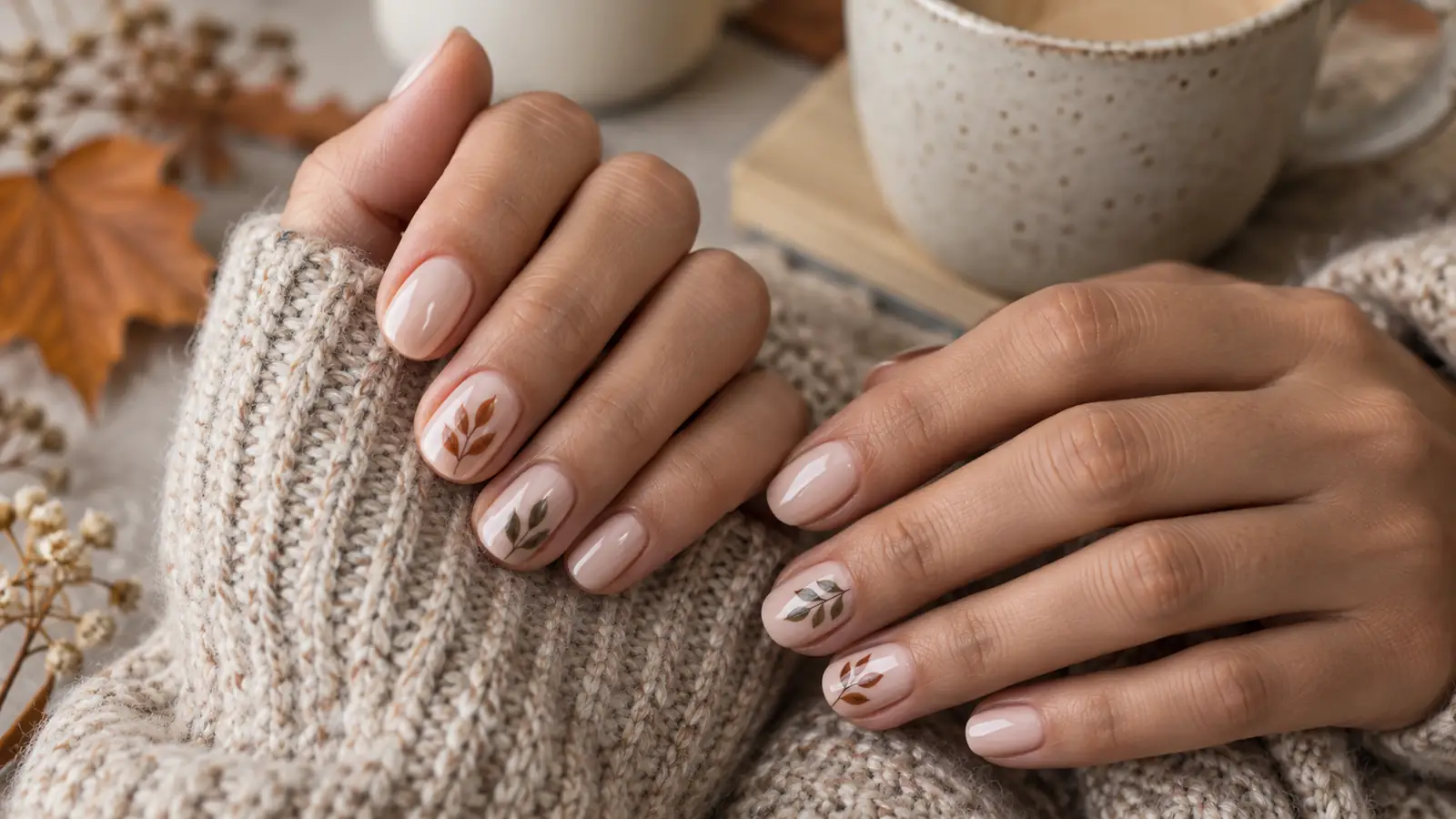 Creamy nude manicure with delicate rust and olive leaf line art